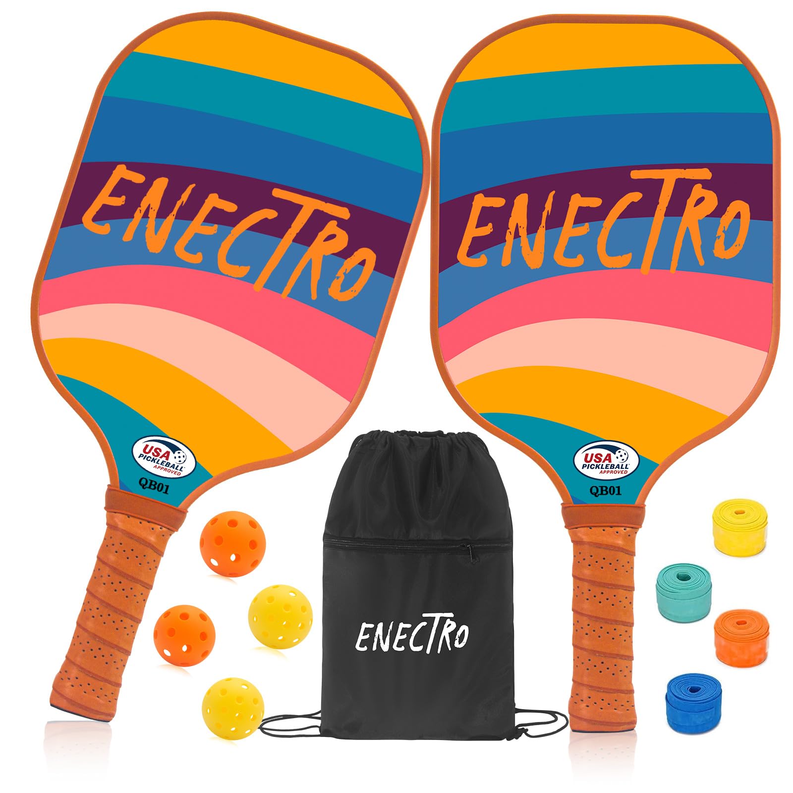 ENECTRO Pickleball Paddles Set of 2,USAPA Pickleball Rackets,with Fibergalss Surface & PP Honeycomb Core,Pickle Ball Paddle Set Includes 2 Indoor &2 Outdoor Balls, 4 Grip Tapes,1 Pickleball Bag