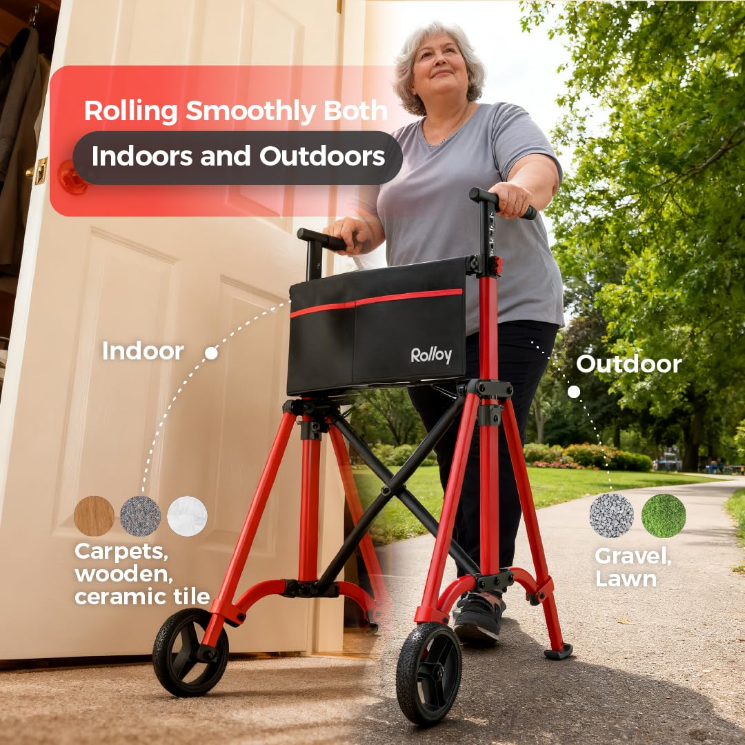 Folding Walkers for Seniors, Lightweight Narrow Travel Walker, Fully Assembled Standard Walker with 2 Wheels, Adjustable Height for Tall, Aluminum Frame Supports 400 lbs, Extra 2 Skis and Storage Bag