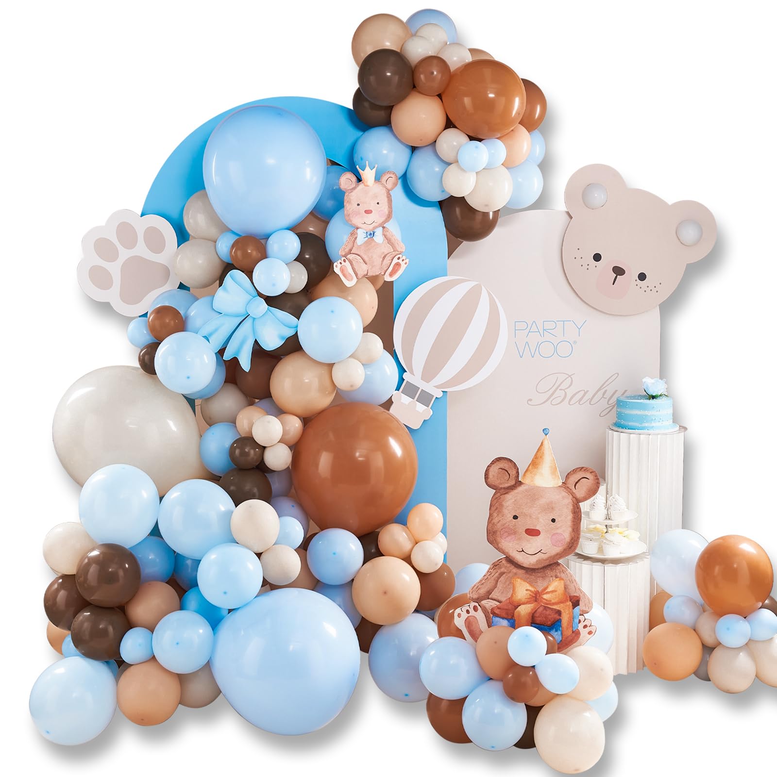 PartyWoo 140 pcs Blue and Brown Balloon Garland Kit, Brown, Pastel Blue, Sand White, Apricot Balloons for Balloon Garland Arch Kit, Birthday Decorations for Boy, Bear Baby Shower Decorations