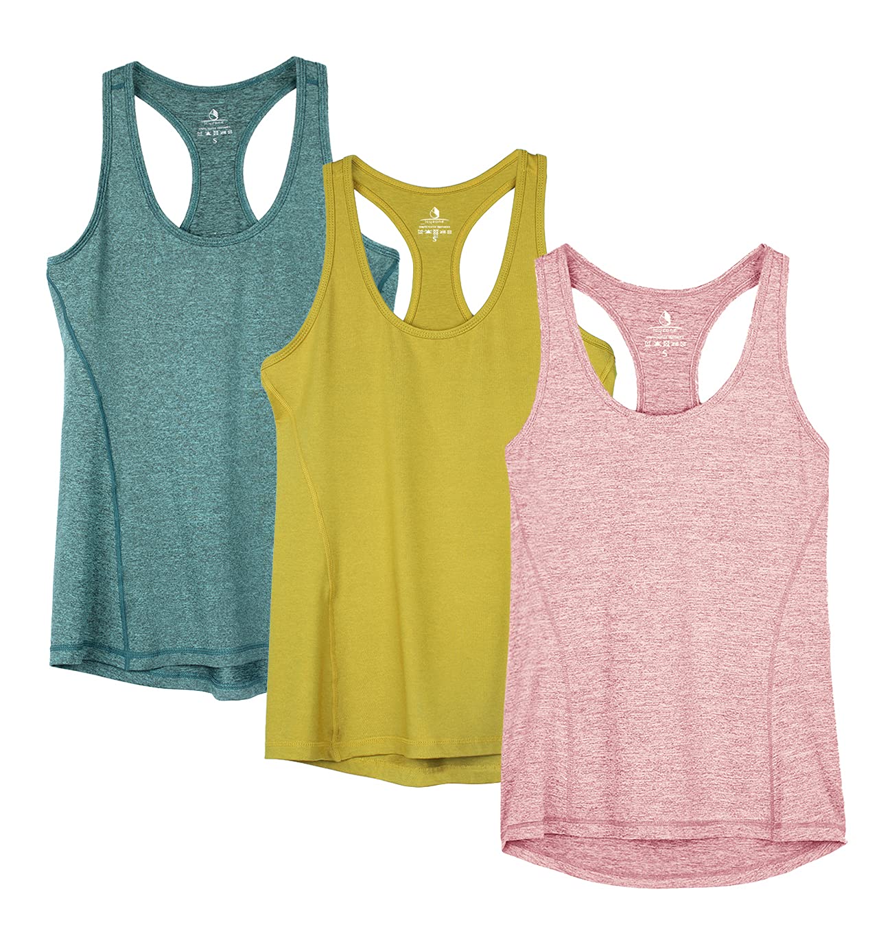 icyzone Workout Tank Tops for Women - Racerback Athletic Yoga Tops, Running Exercise Gym Shirts(Pack of 3) (XL, Mustard/Lilac Snow/Teal)
