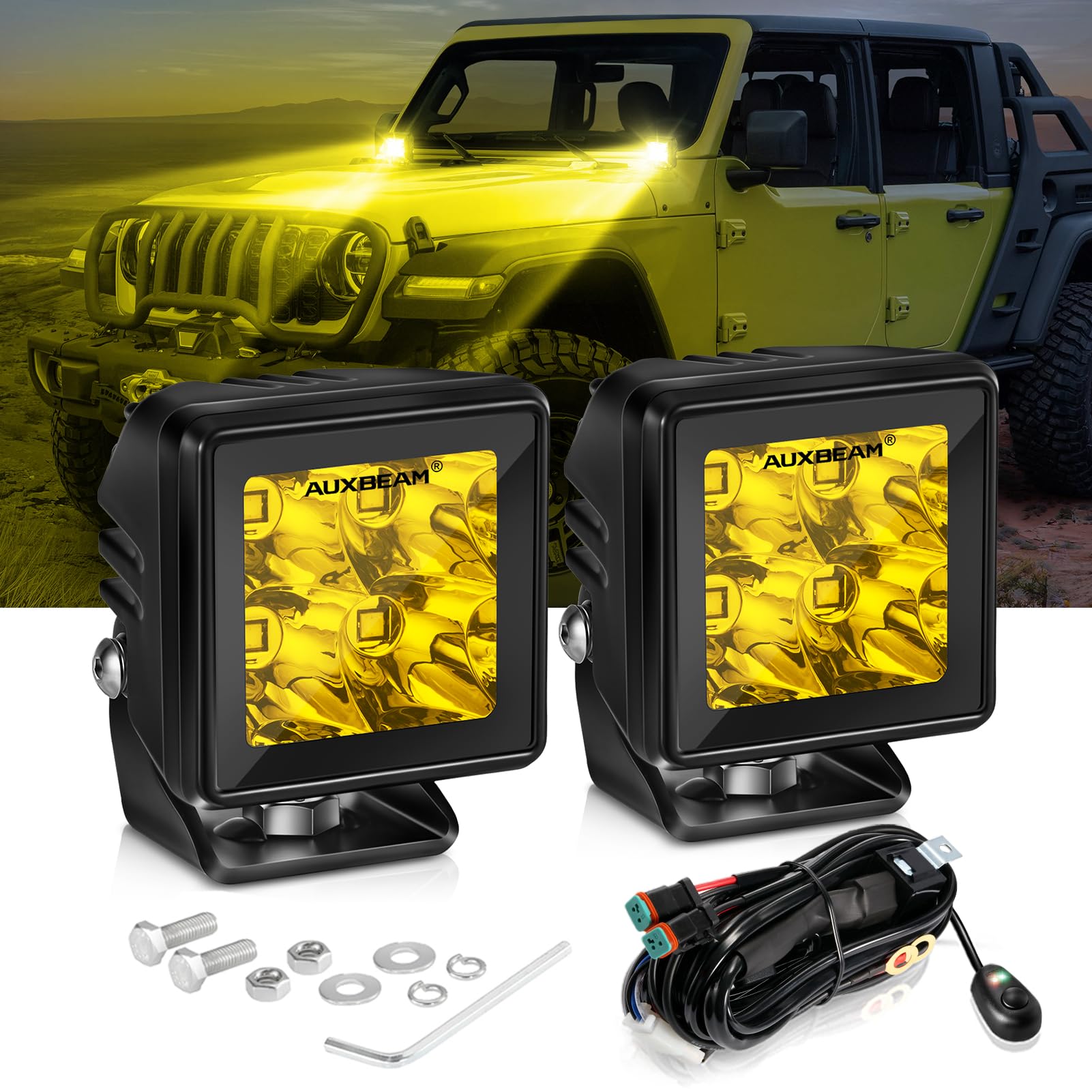 Auxbeam LED Pod Light, 2 Inch Amber Fog Lights Offroad Cube Light Pods Focusing Spotlights, 4800LM Spot Beam Auxiliary Driving Ditch Work Lights for Truck Car Jeep