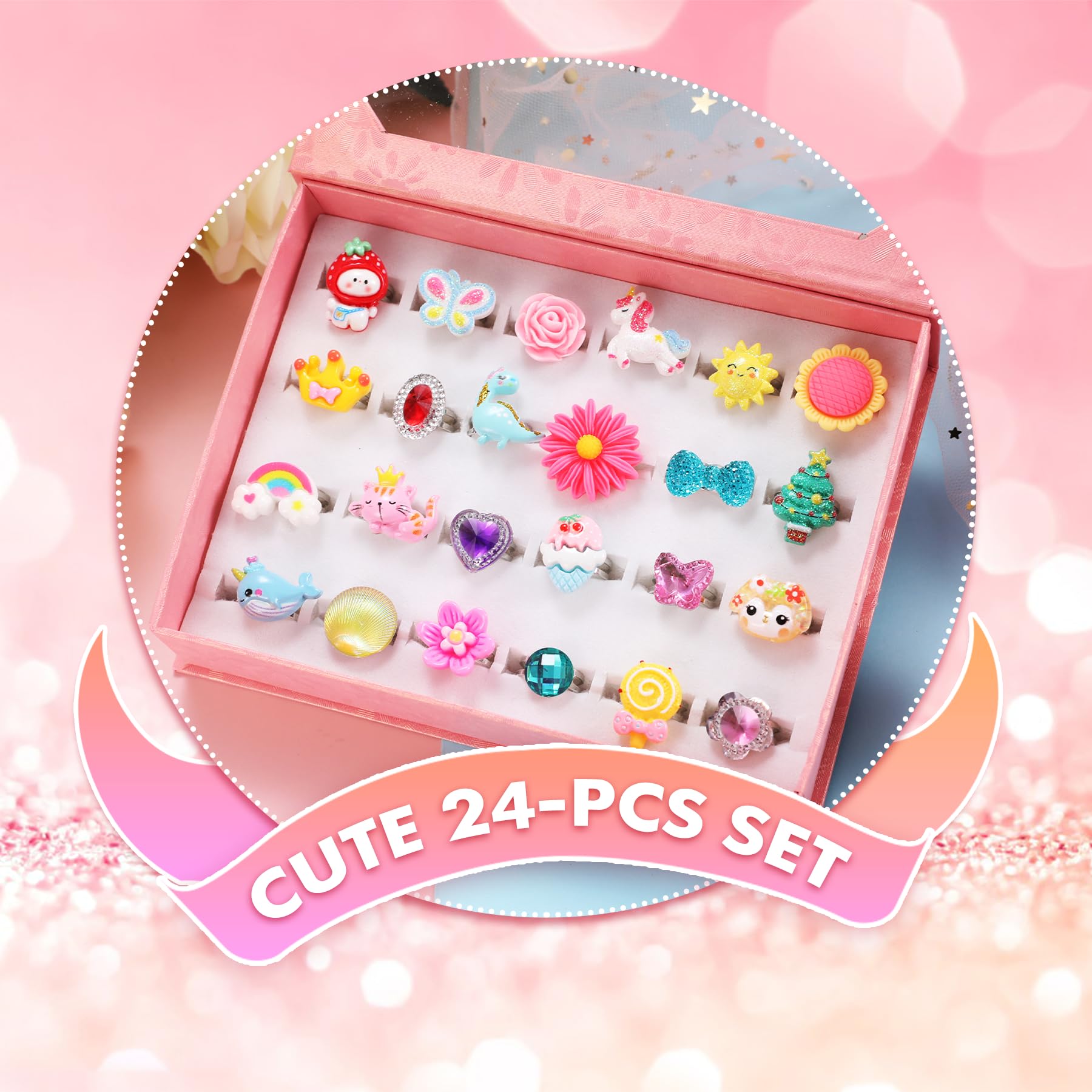 PinkSheep Little Girl Jewel Rings in Box, Adjustable, No Duplication, Girl Pretend Play and Dress Up Rings (24 Lovely Ring)