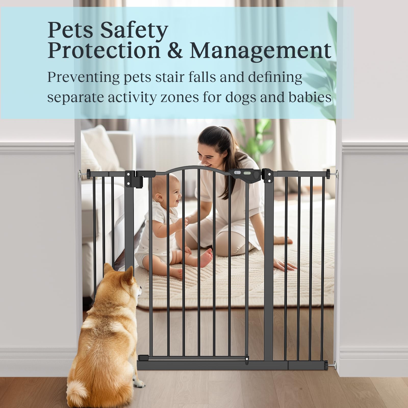 InnoTruth 29-39.6” Baby Gate for Stairs & Doorways, 30" Tall Dog Gate for Pets, Dual-Lock Safety and One Hand Opening Design, Pet Gate for Hallways, Outdoors, Wall-Friendly Install, Pure Black