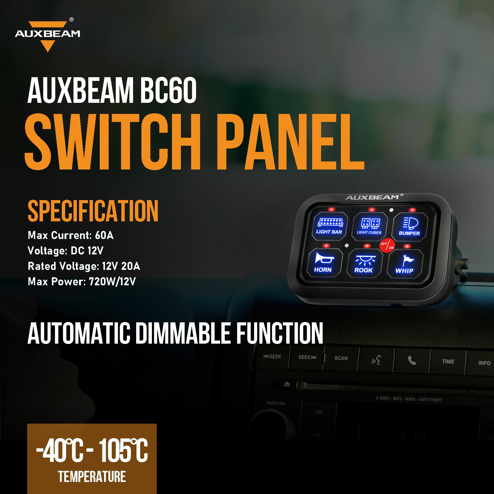 Auxbeam 6 Gang Switch Panel BC60 Universal Circuit Control Relay System Automatic Dimmable LED Switch Pod Touch Control Panel Switch Box for Car Truck Pickup Boat UTV SUV - Blue, 2 Years Warranty