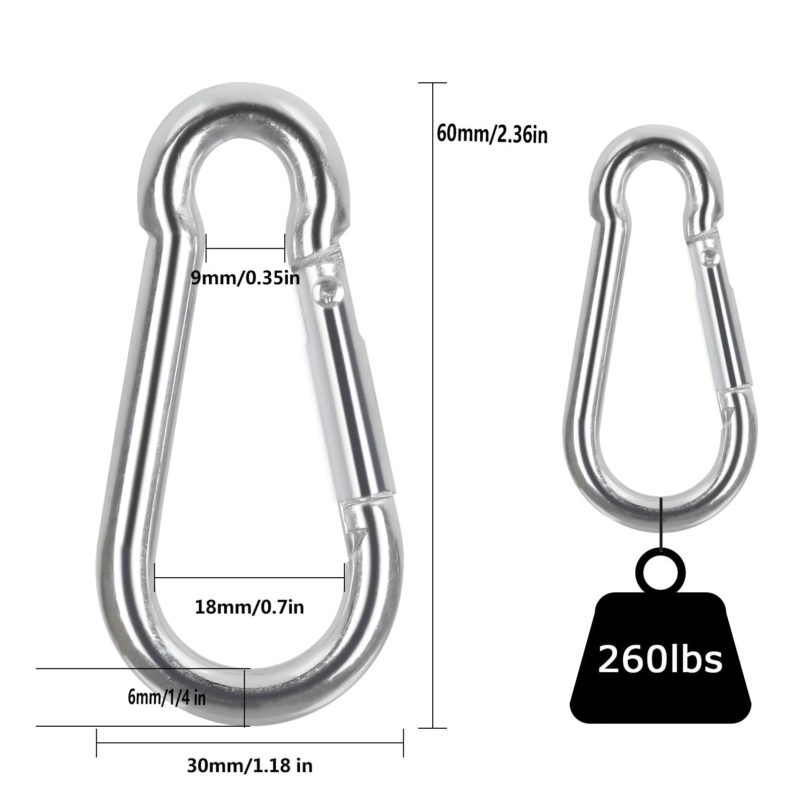 60Pcs Stainless Steel Carabiner Clip Spring-Snap Hook 1/4 in, M6 x 2 3/8 Inch Small Heavy Duty Carabiner Clips for Hammock, Punching Bag, Swing, Gym