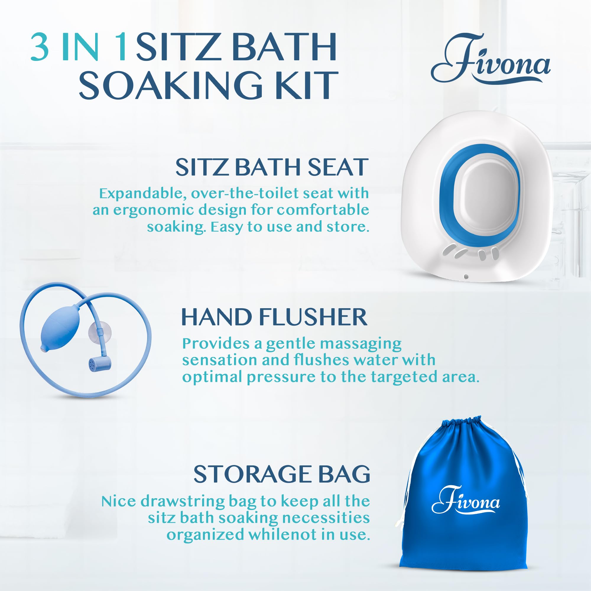 Fivona Sitz Bath for Toilet Seat with Massage Hand Flusher and Storage Bag; Postpartum Care and Hemorrhoid Treatment; BPA Free V Steam Kit; Perfect for Perineal Soak and Portable Bidet