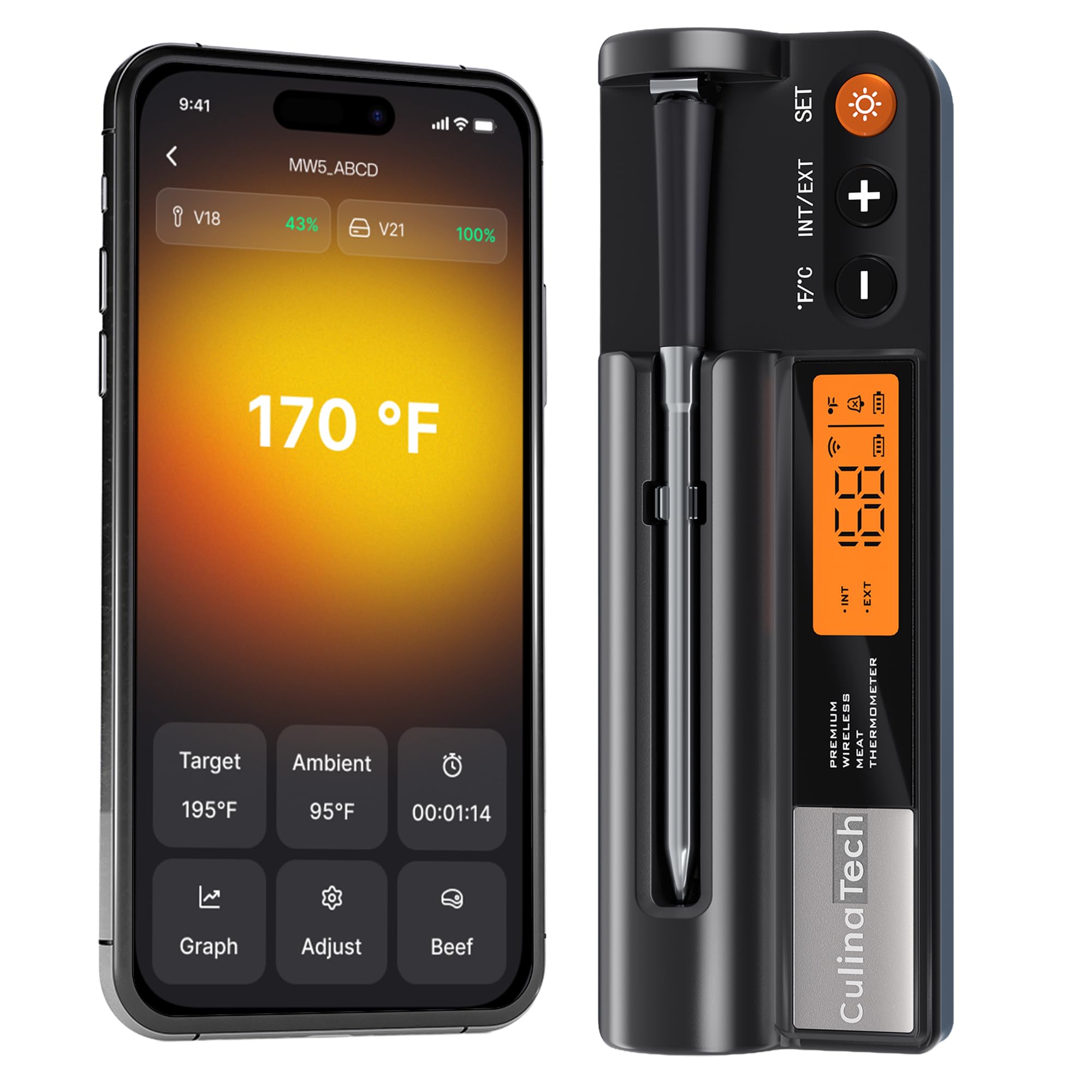 CulinaTech 750ft Wireless Meat Thermometer Long Range for Smoker, BBQ & Rotisserie, Smart Bluetooth Thermometer Dual Sensor Waterproof Probe with LCD Base Station Display & App Control