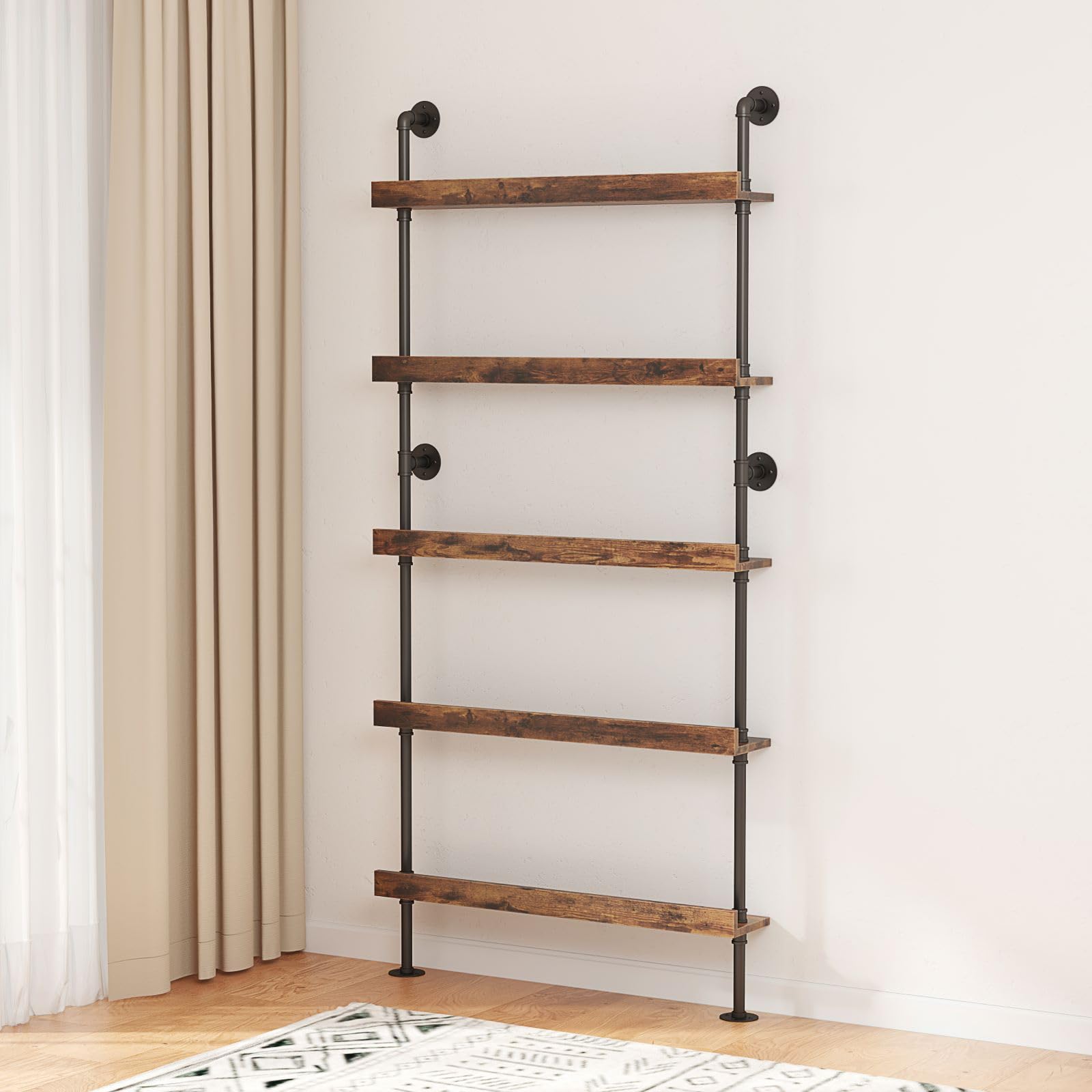 Woskar 5-Tier Wall Mounted Wine Rack, Industrial Pipe Bar Shelf for Wine Bottle Storage, Industrial Pipe Shelves Shelf Shelving for Home Bar Dining Room Kitchen (31.5" W x 79" H x 8.6" D)
