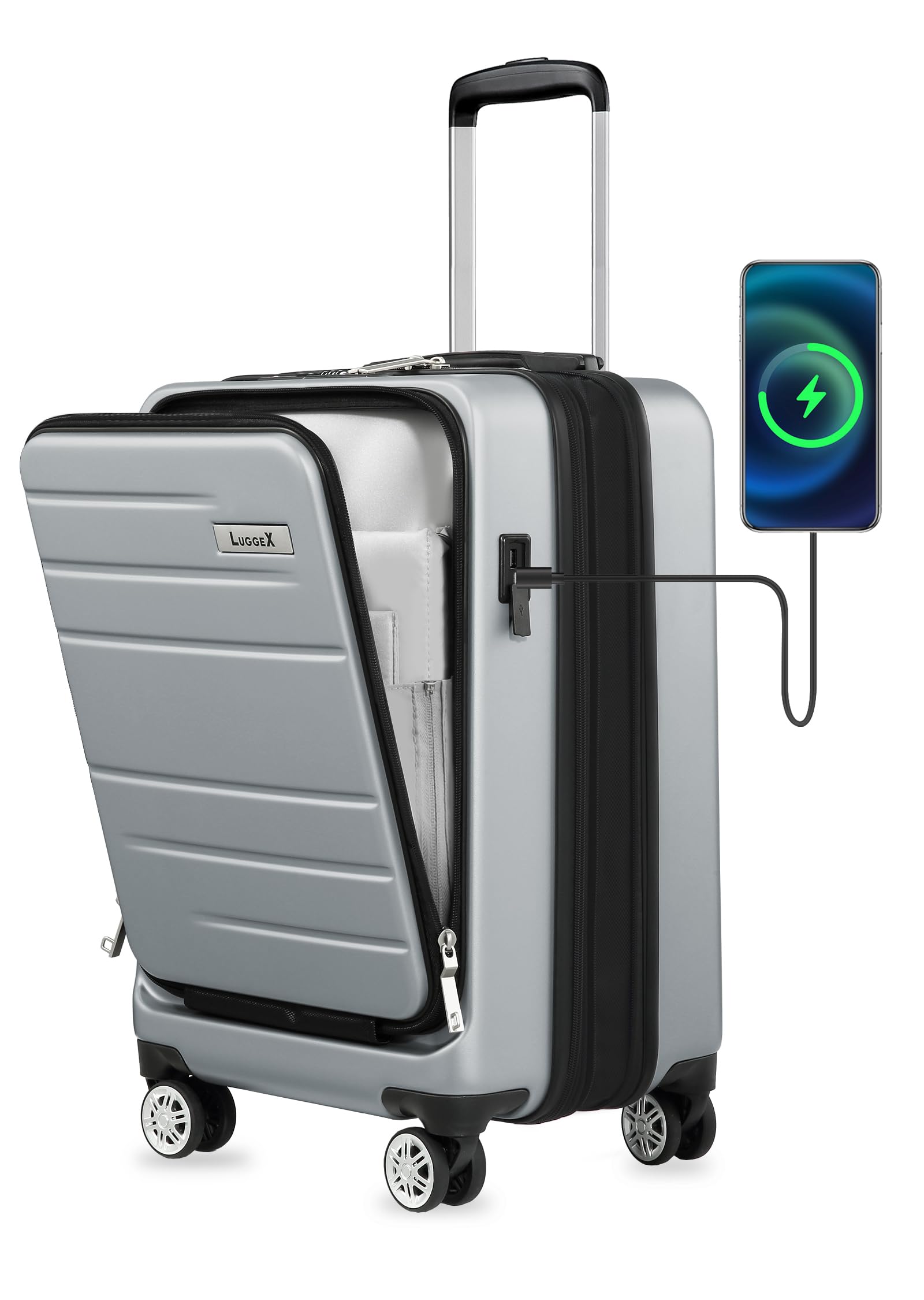 LUGGEX Carry On Luggage 22x14x9 Airline Approved, Expandable Polycarbonate Suitcase with Front Pocket and USB Port (Silver, 20 Inch, 36.1L)