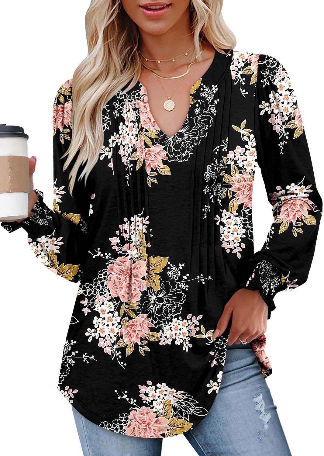 BETTE BOUTIK ladies fall tops and blouses 2024 loose fit long sleeve v neck shirts womens long sleeve tops Pink Peony Large