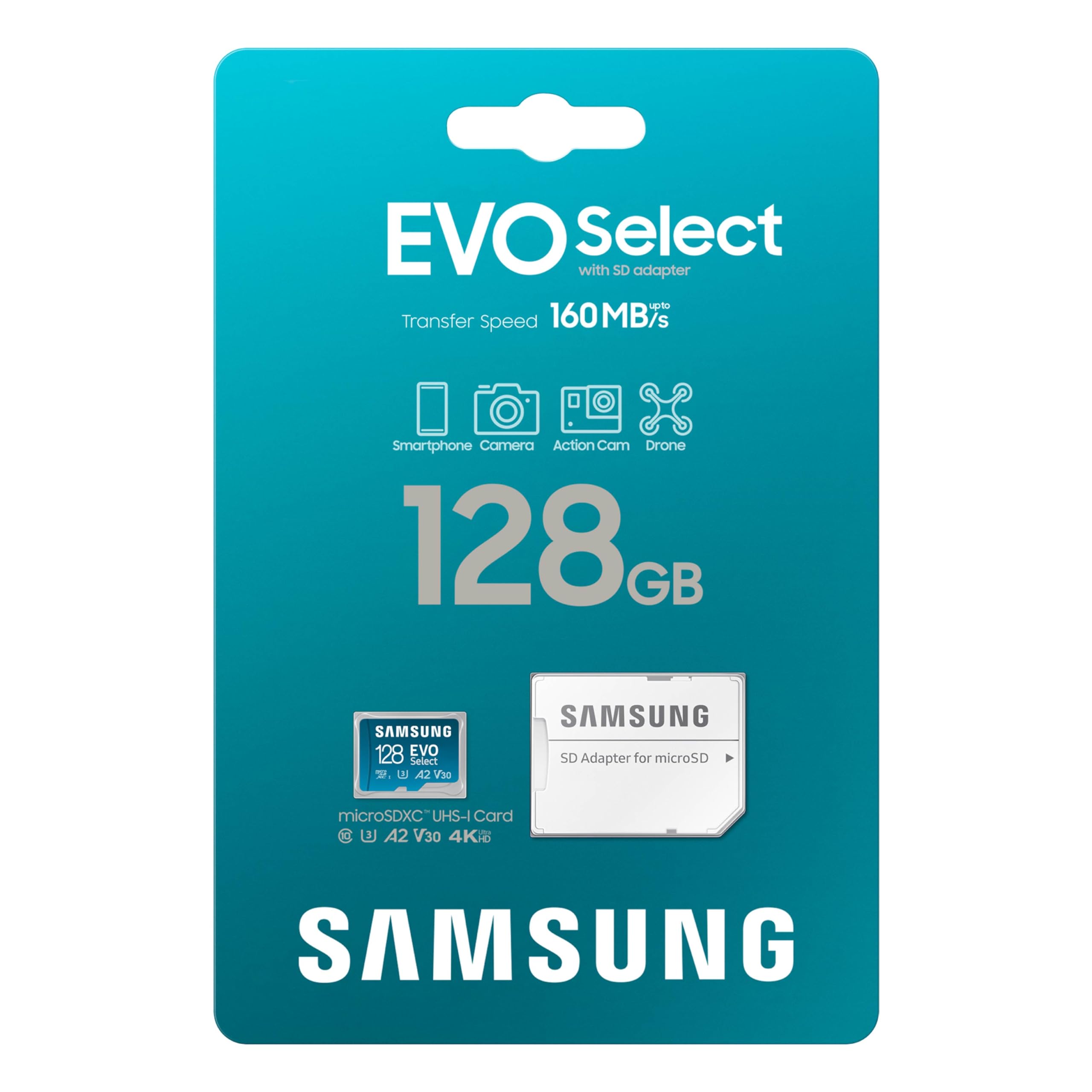 Samsung EVO Select microSD Memory Card + Adapter, 128GB microSDXC, Up-to 160 MB/s, 4K UHD, UHS-I, C10, U3, V30, A2, for Mobile Phone, Smartphones, Nintendo-Switch, and Tablets (MB-ME128SA/AM)