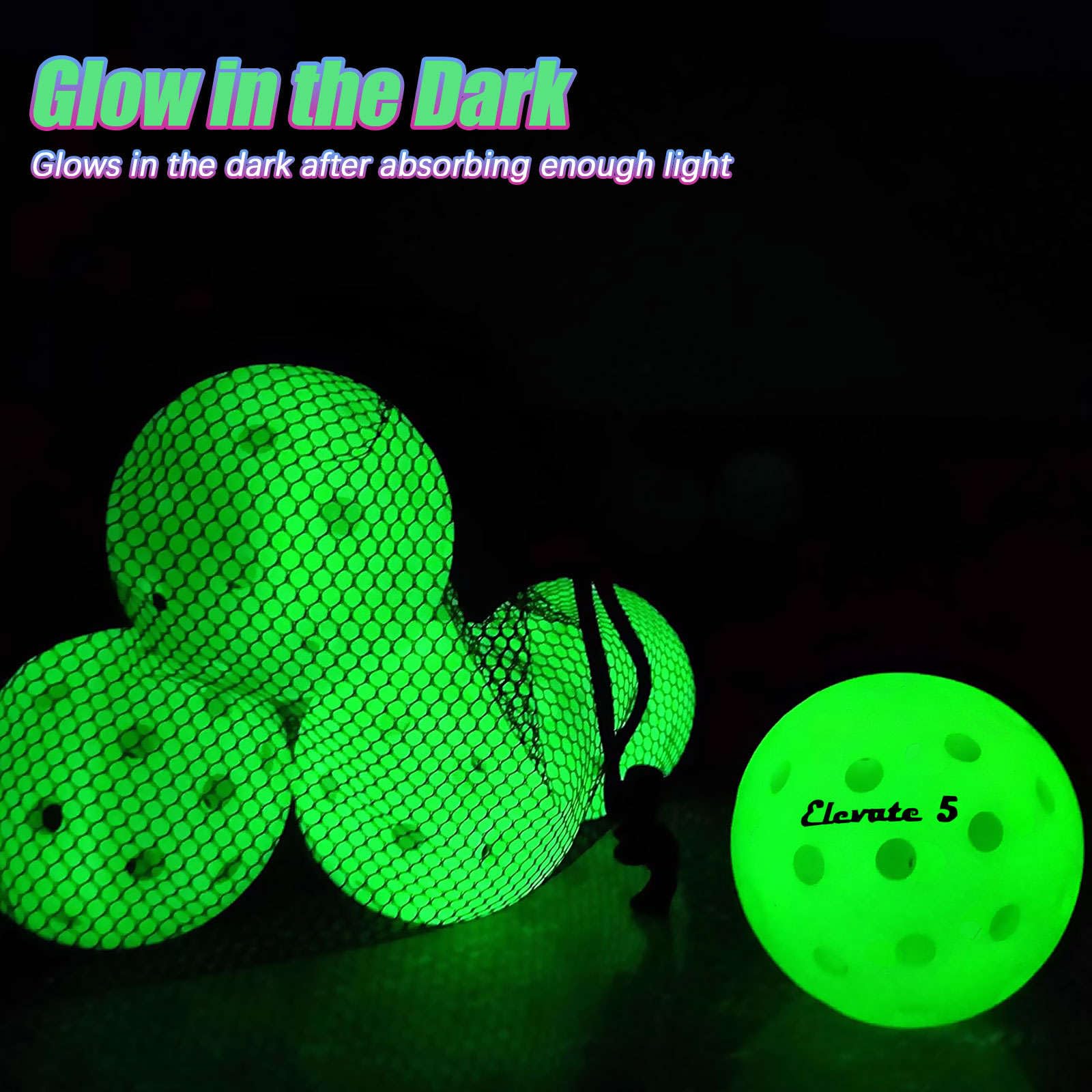 Elevate 5 - Glow in The Dark Pickleball Balls, 6-Pack Pickleball Set of Pickleballs, Glow, 40 Hole Outdoor Pickleballs, Mesh Pickleball Bag Included, Pickle Balls