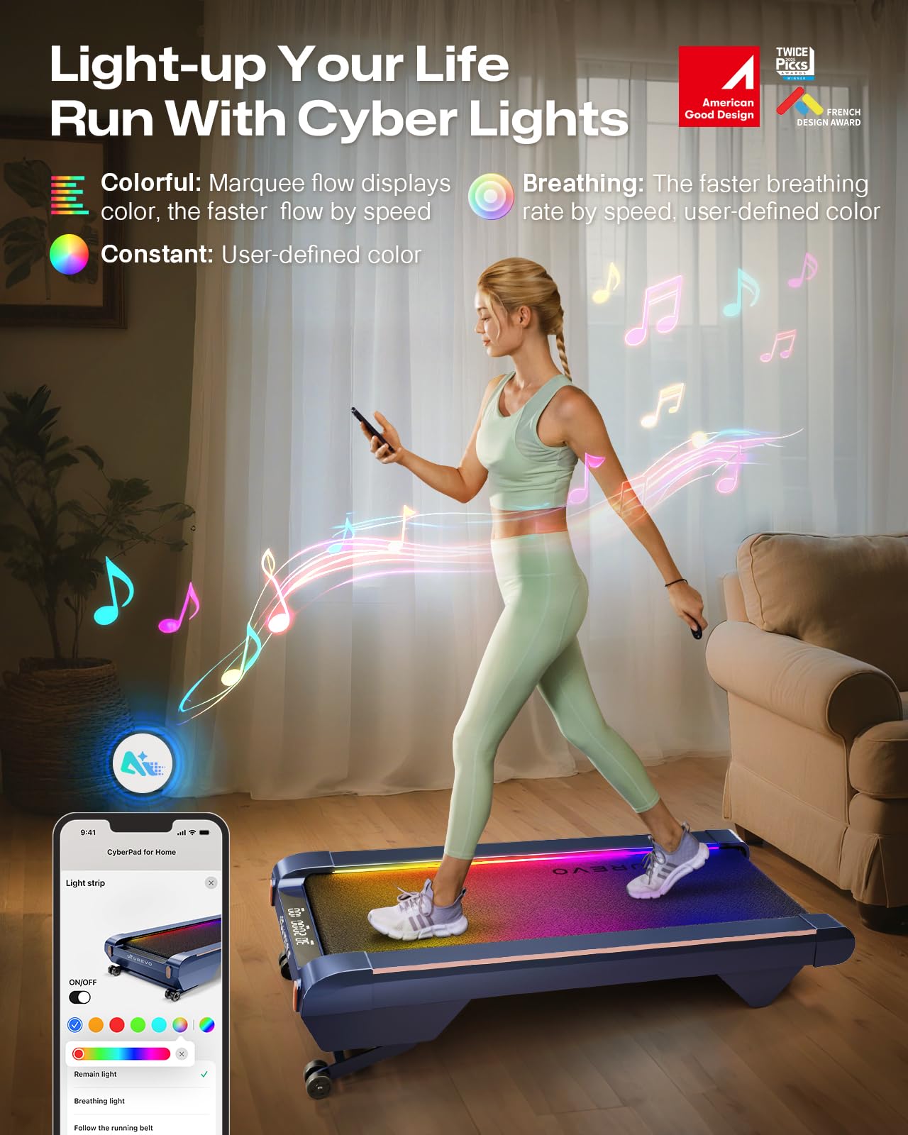 UREVO CyberPad Smart Walking Pad with 14% Auto Incline, Under Desk Treadmill for Home, Quiet Brushless Motorized, Extended Walking Surface, LED Remote, Speed-Responsive Lighting, UREVO APP