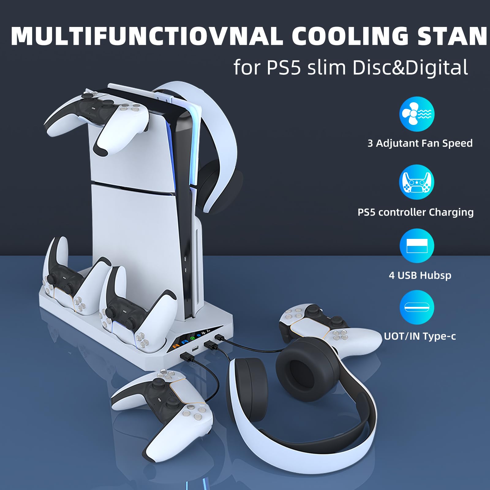 PS5 Slim Stand and Cooling Station with Dual Controller Charging Station for PlayStation 5 Slim Disc/Digital, Vertical Cooling Stand with 2 Headset Holder, 3 USB Hubs(Not for Regular PS5)