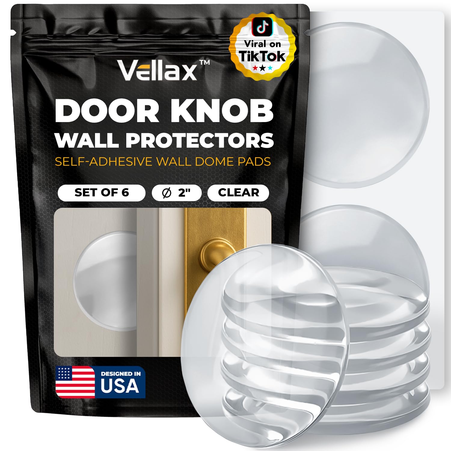 Large 2" Door Knob Wall Protectors โ 6 Clear Self-Adhesive Silicone Bumper Pads in Hemispherical Shape โ Noise Dampening Wall & Furniture Guards by VELLAX