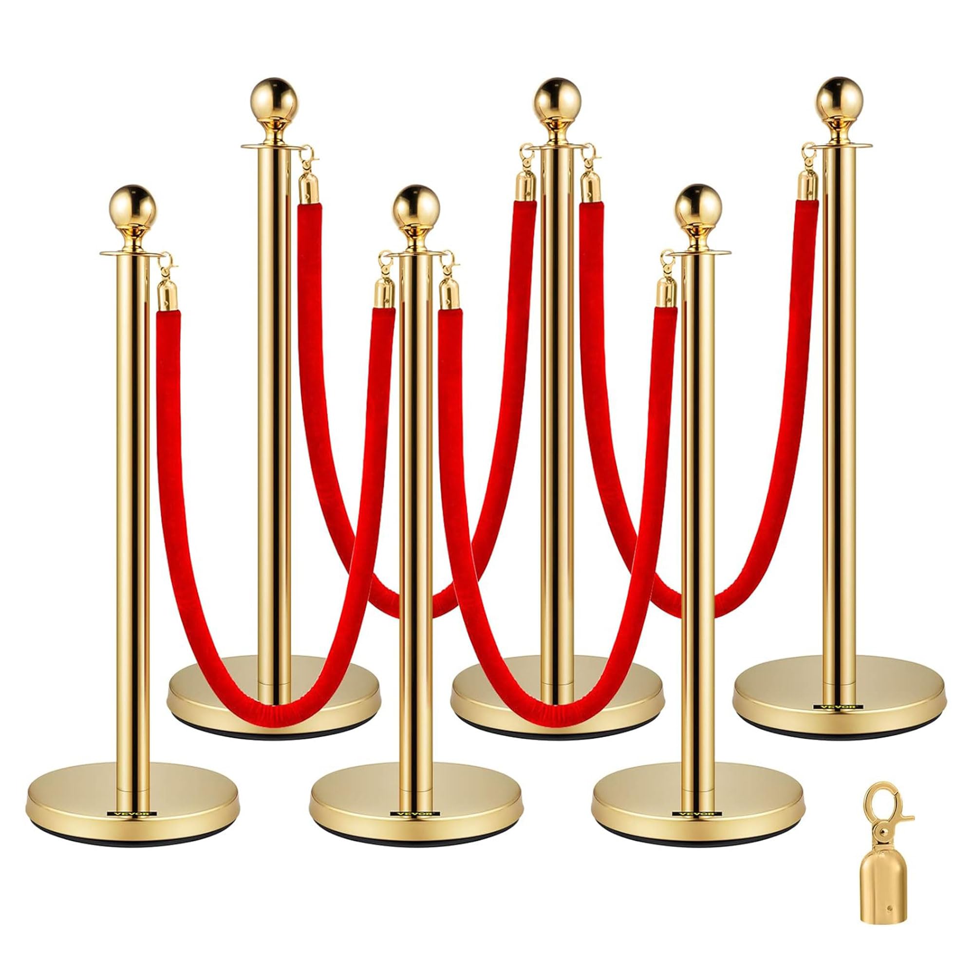 Vevor Velvet Ropes and Stanchion Post with Ball Top and Four Way Connection for Crowd Control Barriers, Safety, and Protection, Gold