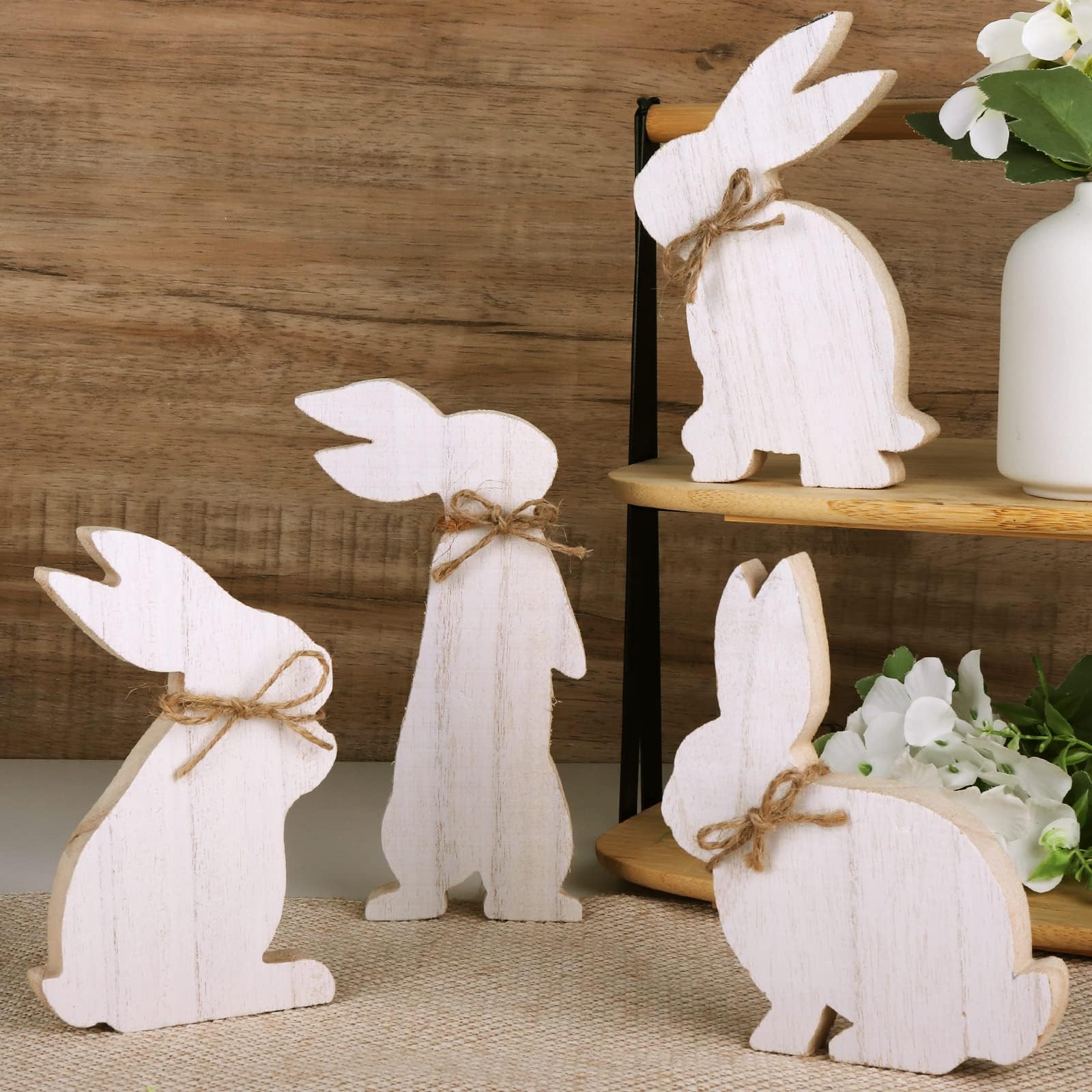 Treory 4 pcs Easter Bunny Natural Wooden Table Signs: Rustic Freestanding Tiered Tray Decor for Home, Farmhouse, Easter Gifts