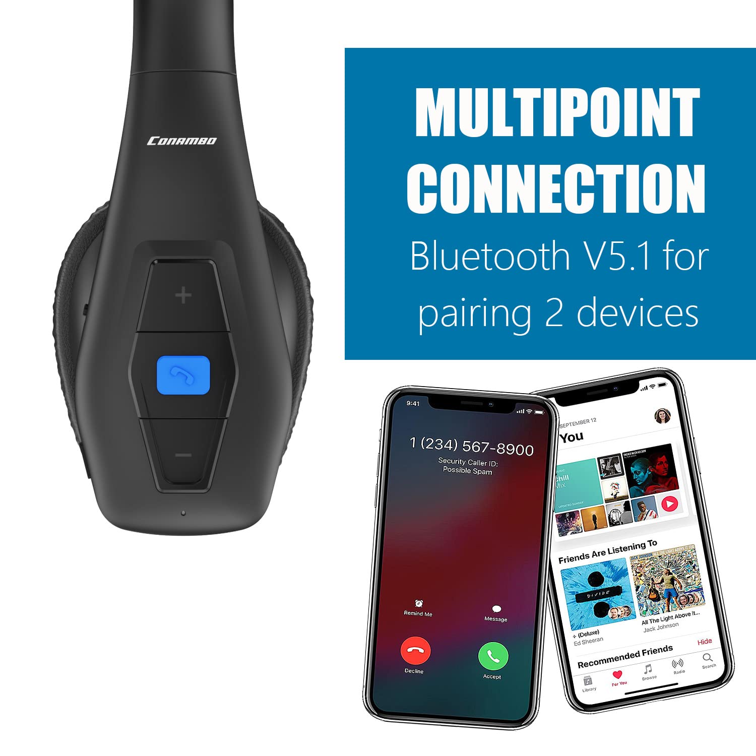 Trucker Bluetooth Headset V5.1, CVC8.0 Dual Microphone Noise Cancelling & 35Hrs HD Talktime Hands-Free Wireless Headset, Bluetooth Headphones with Mute Button for Cell Phones Business Home Driver
