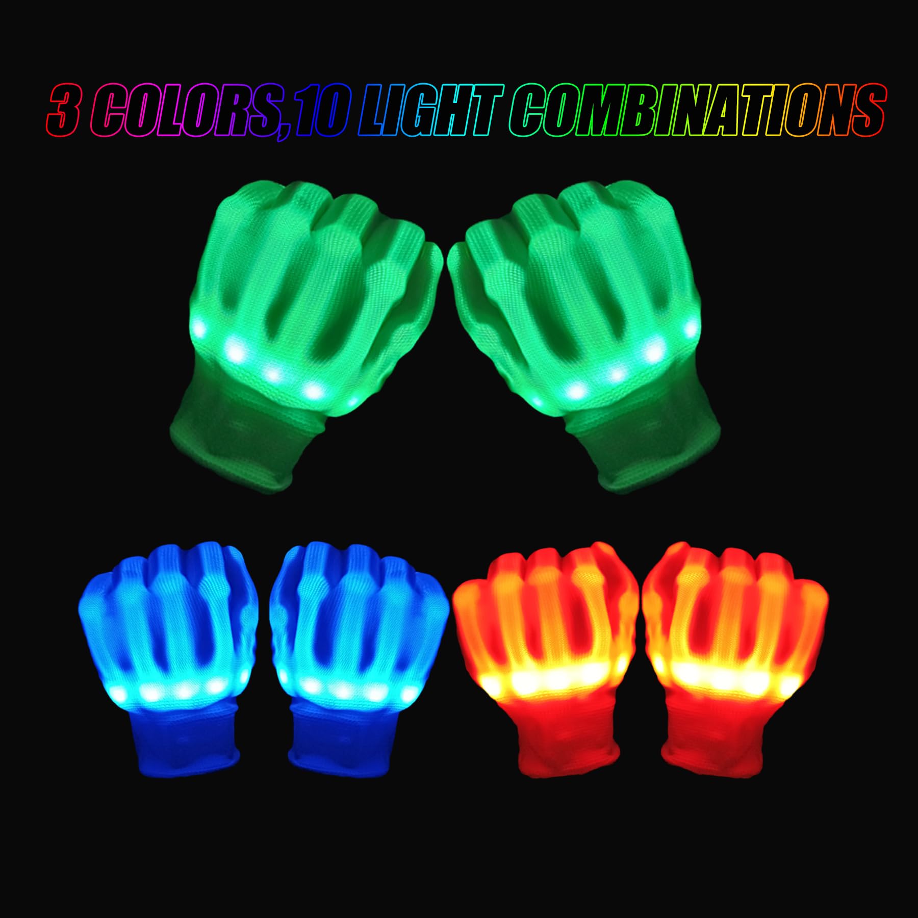 VABX-Purple Led Gloves Light Up Toys 3 colors Flash 10 Mode for Boys Girls Birthday Halloween Christmas Gifts Stocking Stuffers Rave Party Favor Kids Adults(1 Pair)