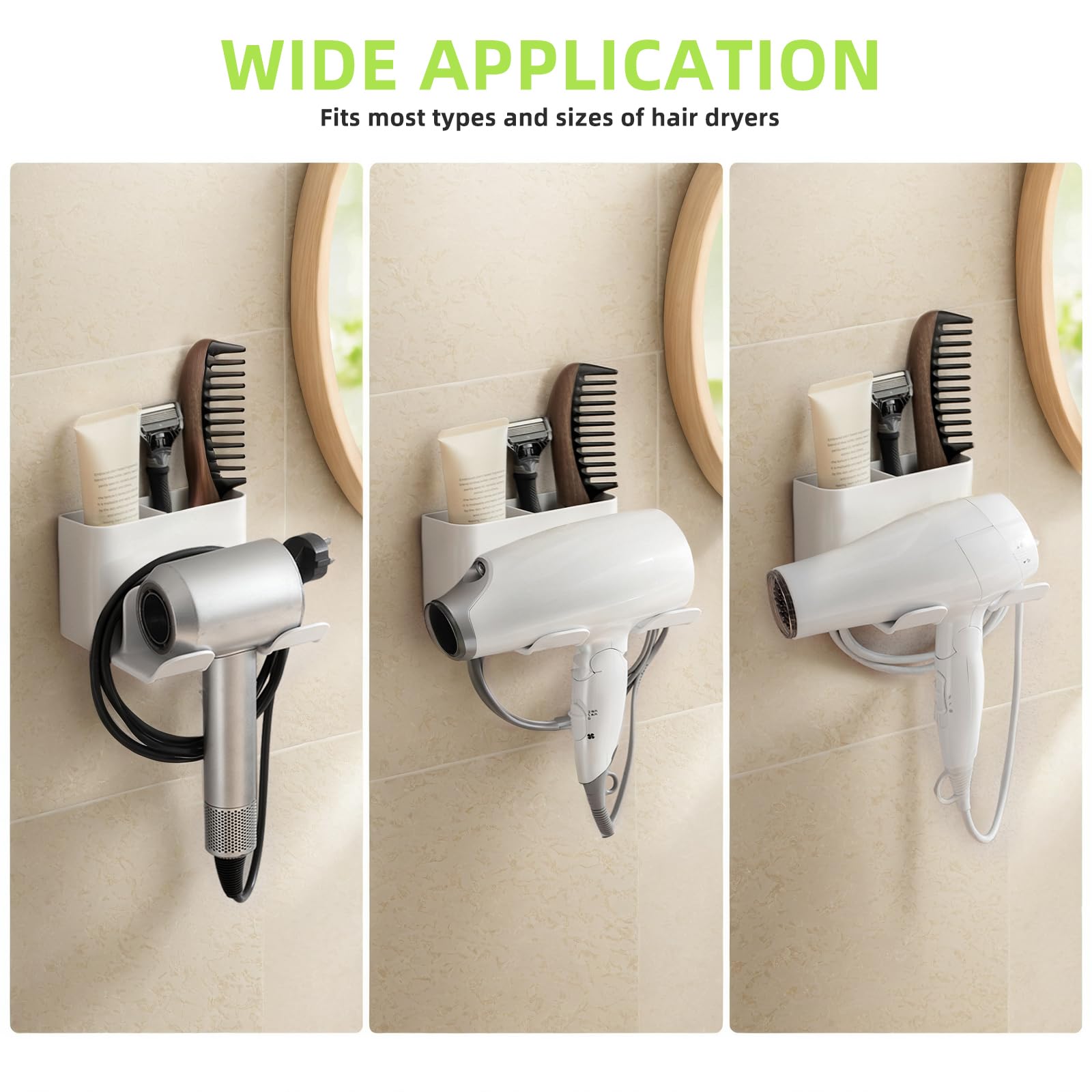 PAVSTINE Hair Dryer Holder Universal Wall Mount Blow Dryer Holder Strong Self Adhesive Hair Dryer Hanger with Plug&Cord Organizer Rack for Dyson Hair Dryer Holder Bathroom, Vanity, Cabinet, White