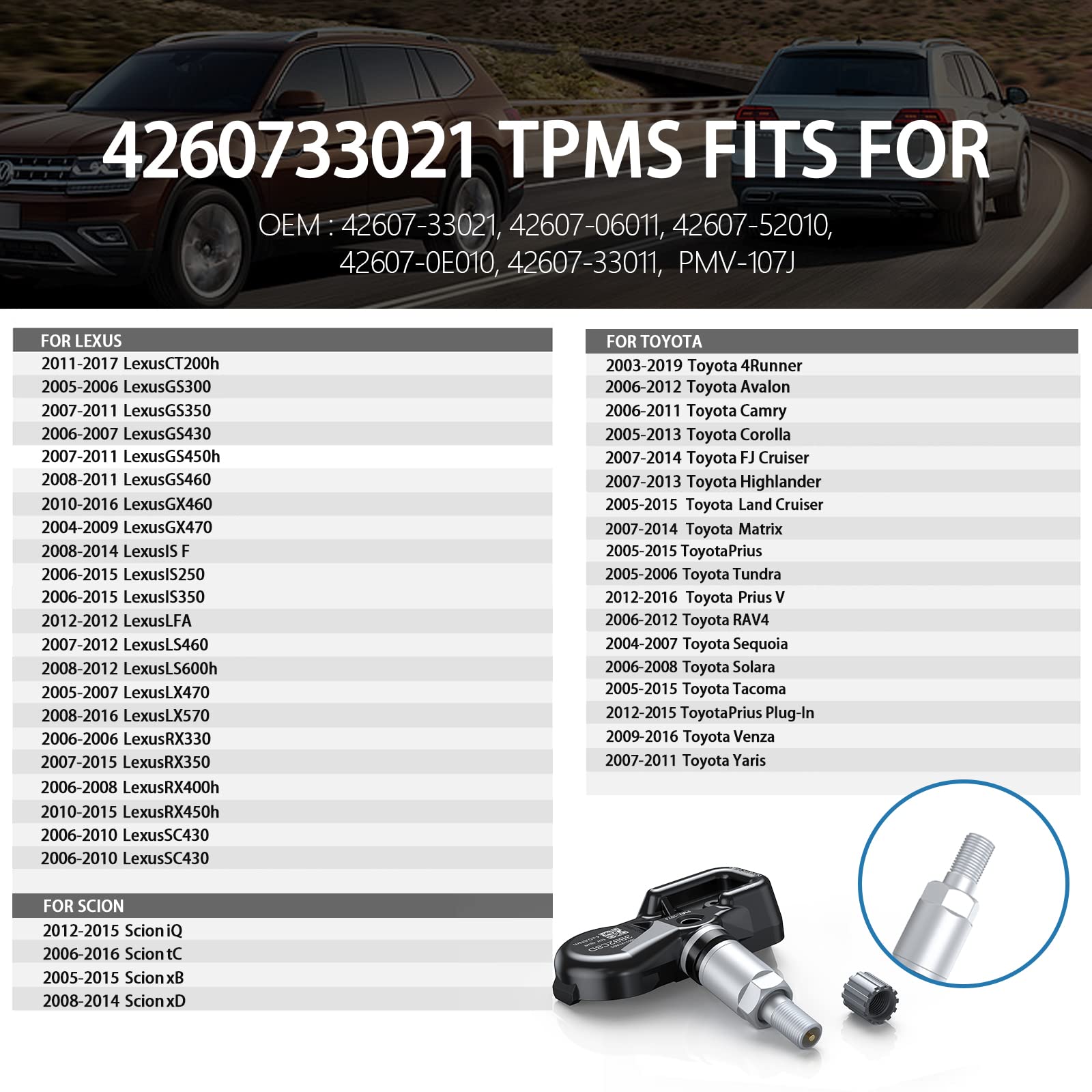 ACLONG TPMS Tire Pressure Sensor for Toyota Lexus Scion, 315MHz TPS Tire Pressure Monitoring System Sensors Carmy Corolla Highlander Sienna Replacement PMV-107J, 42607-33011, 42607-33021, 4 PCS