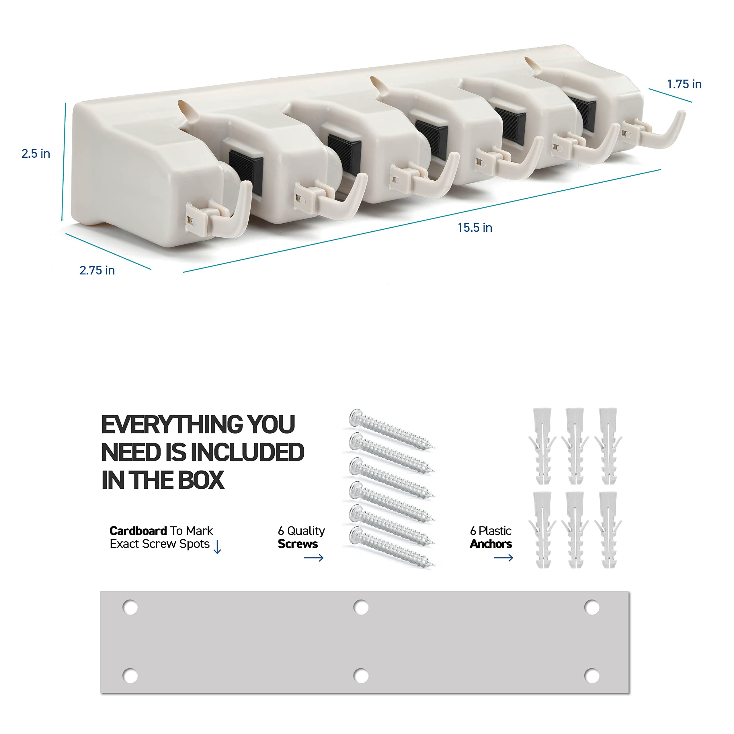 HOME IT Mop And Broom Holder Wall Mount - Garage Storage Systems with 5 Slots, 6 Hooks, 7.5lbs Capacity Per Slot - Garden Tool Organizer For Home, Kitchen, Closet, Garage, Laundry Room - Off-White