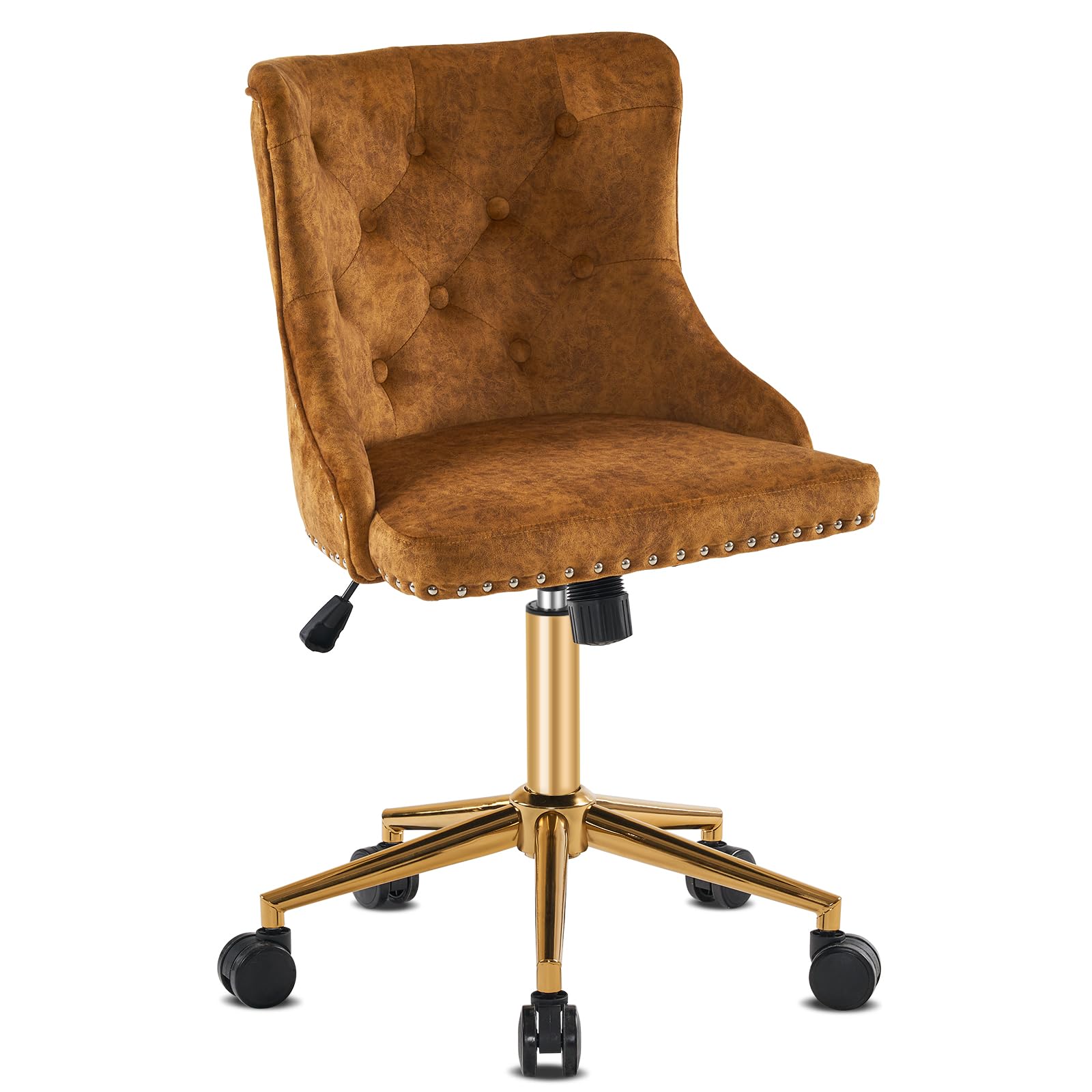 VINGLI Mustard Velvet Armless Home Office Desk Chair with Gold Base/Wheels, Small Cute Vanity/Makeup Chair with Back for Bedroom, Upholstered Adjustable Rolling Swivel Nail Chair for Women/Girls