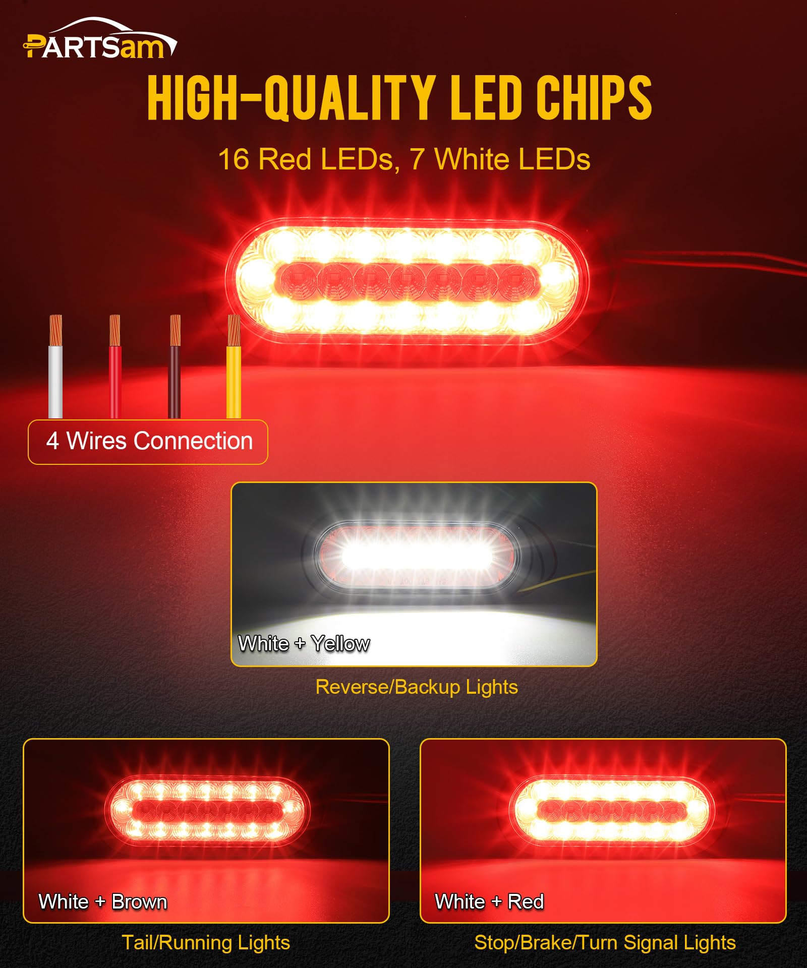 Partsam 4Pcs 6.3" Inch Oval Led Trailer Taillights Stop Brake Lights Running Red and White Backup and Reverse Lights, Sealed 6.3 inch Oval led Trailer Lights Kit Grommet Mount for RV Trucks