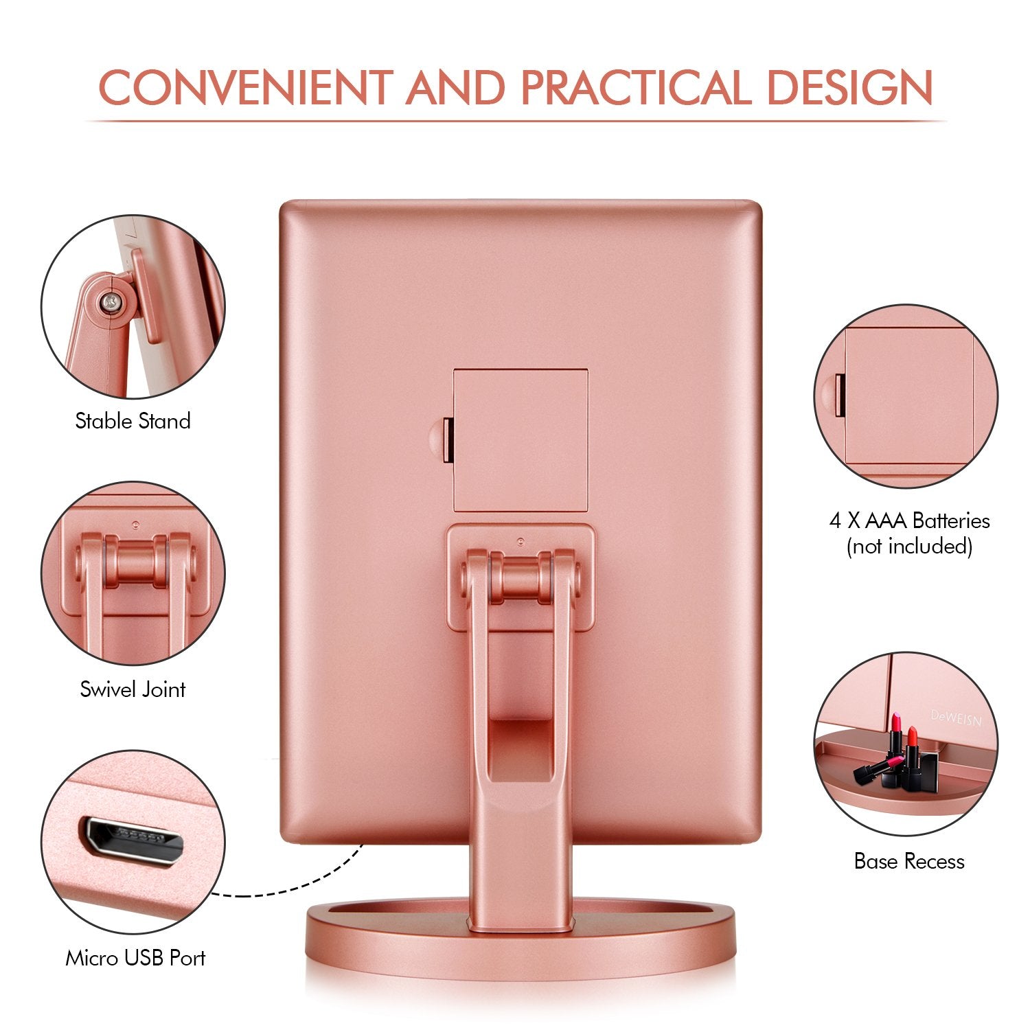 Flymiro Tri-fold Lighted Vanity Makeup Mirror with 3x/2x Magnification,21 LEDs Light and Touch Screen,180 Degree Free Rotation Countertop Cosmetic Mirror,Travel (Rose Gold)