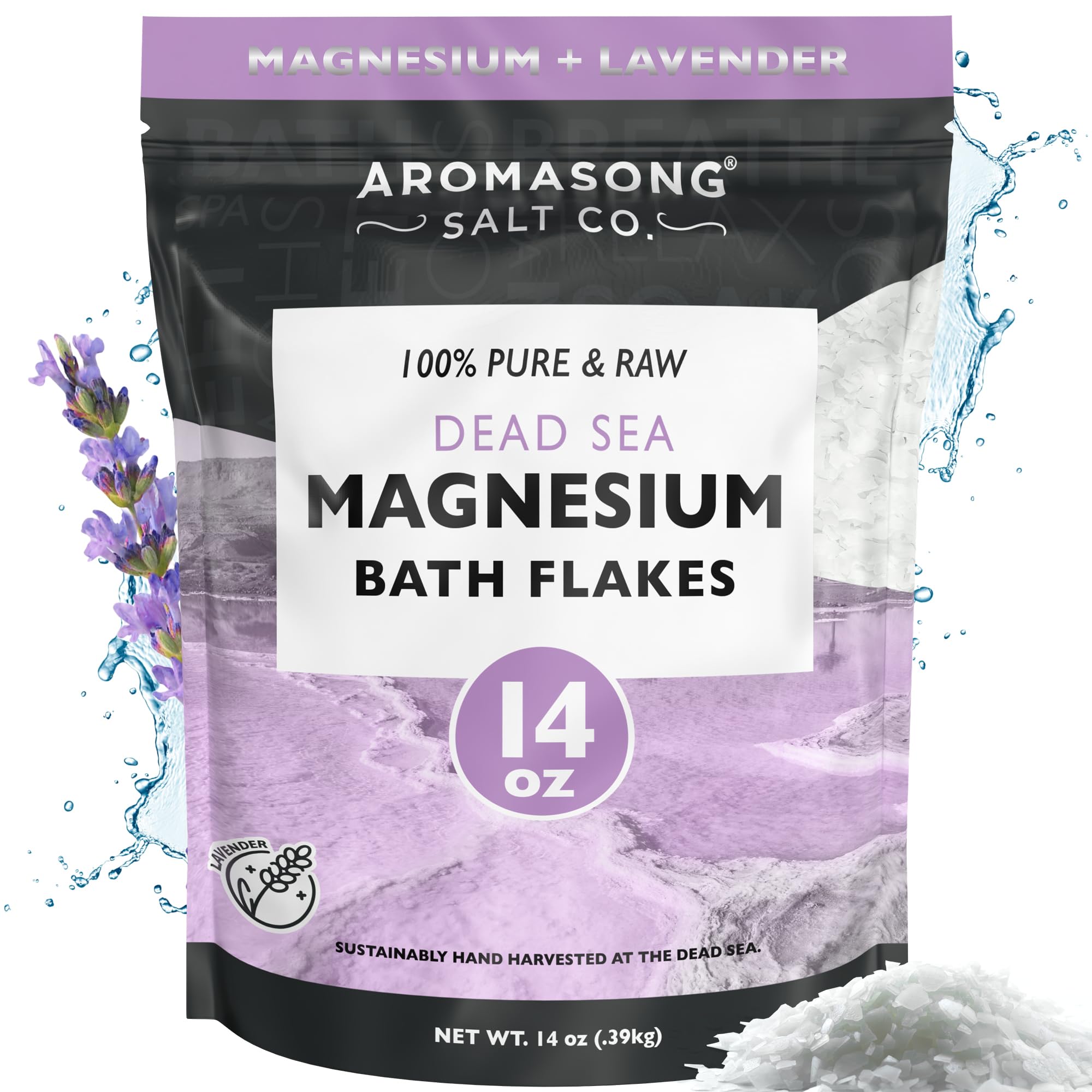 Aromasong RAW Magnesium Bath Flakes with 100% Natural Lavender, 14 Oz. Muscle Relaxing Organic Salts Mg Chloride, Mineral Soak Salt.