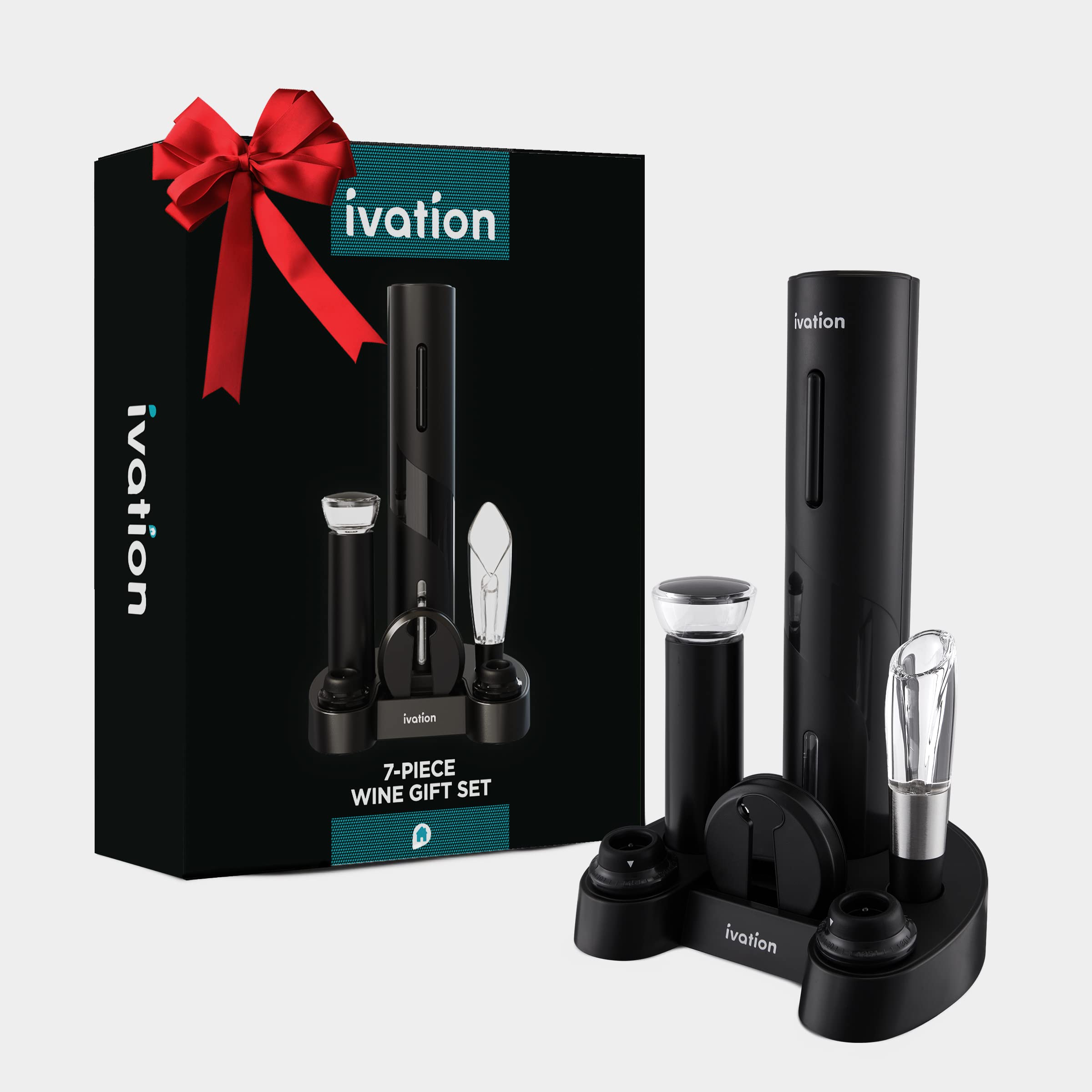 Ivation 7-Piece Wine Gift Set – Includes Electric Bottle Opener, Wine Aerator, Preserver Pump, 2 Cork Stoppers, Foil Cutter & Stand