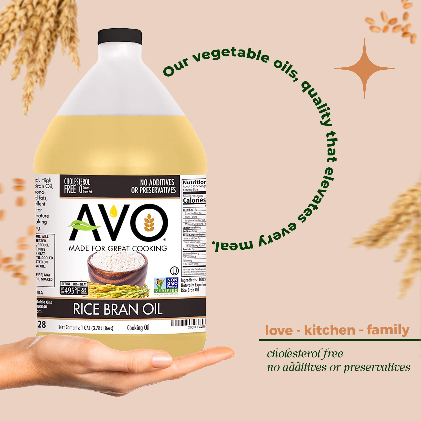 AVO NON GMO 100% Rice Bran Oil, 1 Gallon, No Preservatives Added