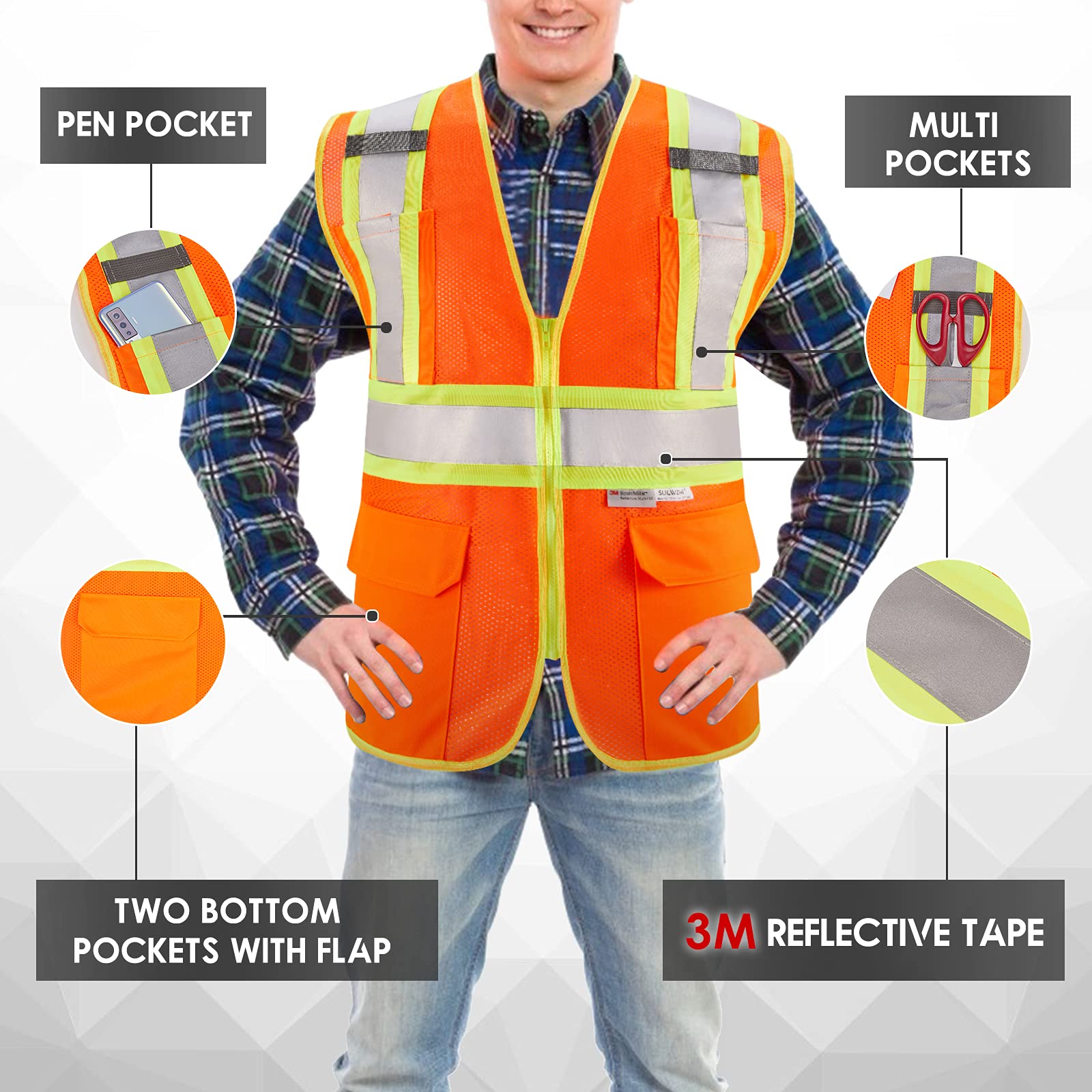 SULWZM 3M High Visibility Reflective Safety Vest with Zipper and Pockets Orange,M