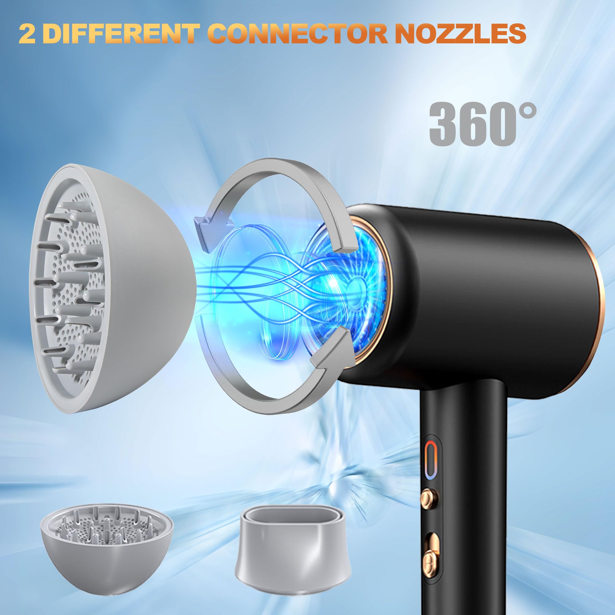 Ionic Hair Dryer,Blow Dryer, with Diffuser & Concentrator Nozzle,Secadora de Pelo | 1875W Turbo Ultra-Quiet Motor | 2 Heat & 3 Speed Settings | Quick Heat-Up & Constant Temperature,Black