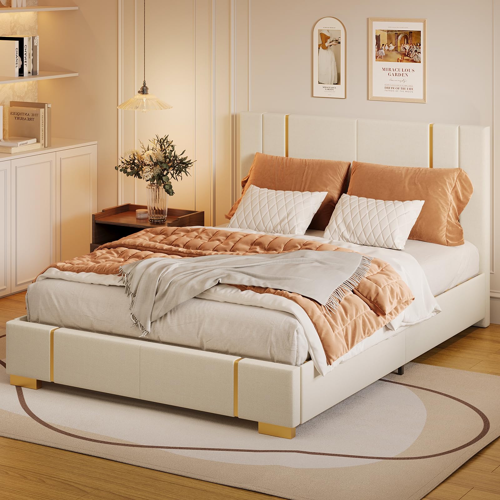 Gizoon Upgrade Queen Bed Frame, Upholstered Platform Bed Frame with Modern Headboard, Sturdy Metal Frame, Wooden Slats, Easy Assembly, Noise-Free, No Box Spring Needed, Beige
