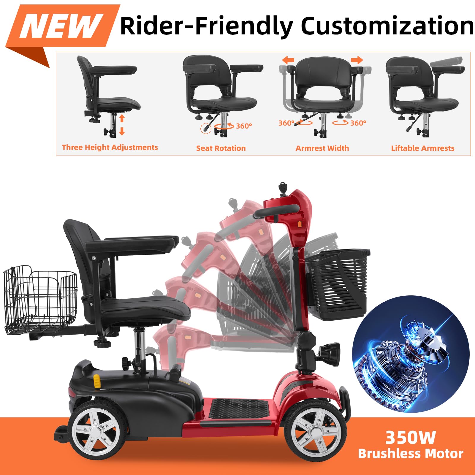 20 Miles 4 Wheels Mobility Scooter for Seniors/Adults Up to 300LBS,350W Electric Wheelchair Detachable Lithium Battery,Dual Baskets,Rotating Seat,with Taillight, USB Charging, Red 18AH