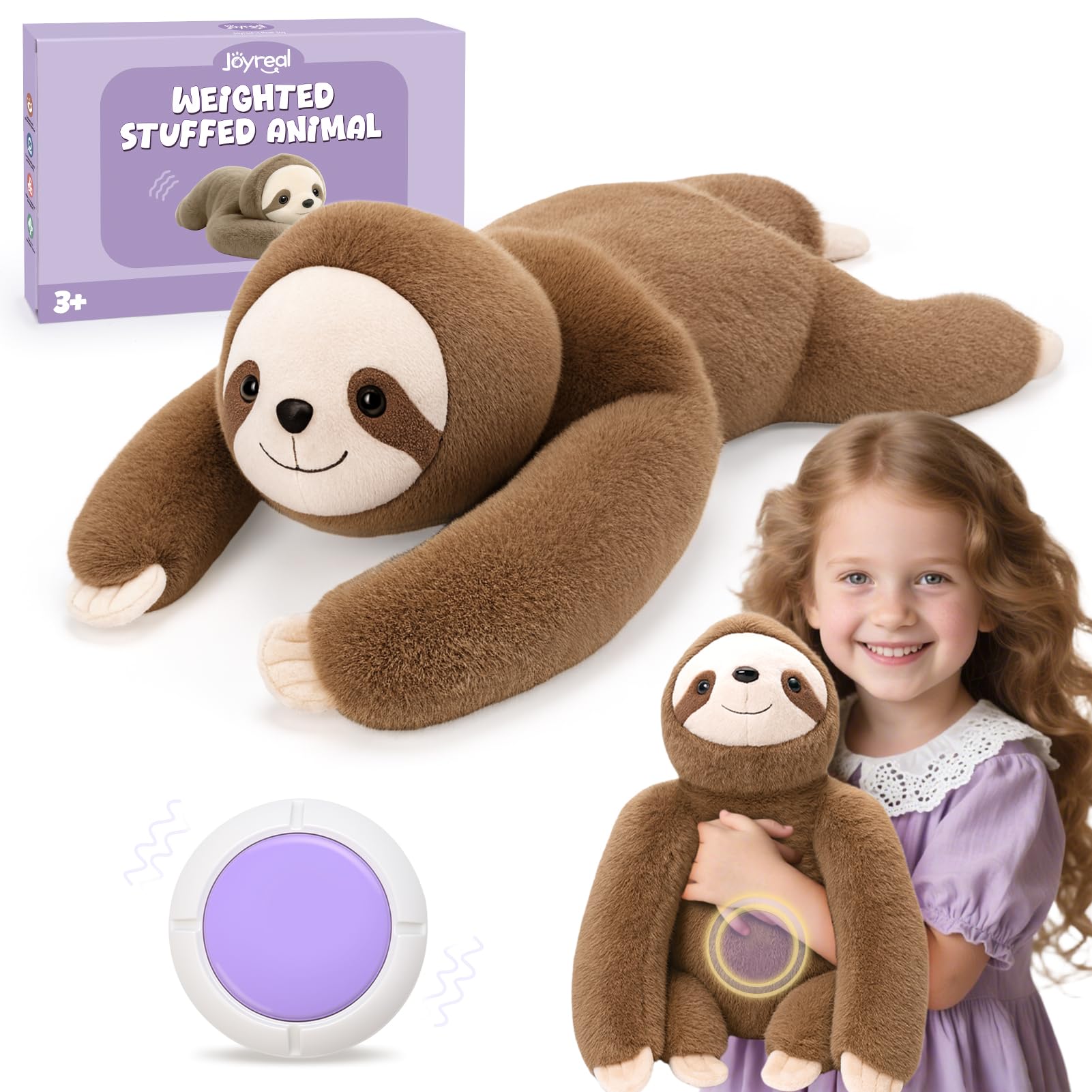Joyreal Sloth Sensory Weighted Vibrating Pillow, Pressure Activated for Kids Adults, Plush Minky Soft Size: 11 by 21 inches Pillow Animal for Focus & Balance for Gift Birthday Autistic (Brown)