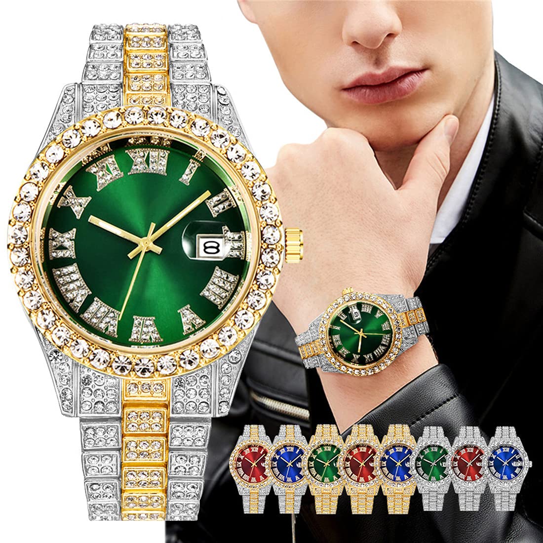 BESTKANG Unisex Luxury Iced Out Watch Mens Diamond Watches Roman Numerals Watches Quartz Analog Wrist Watch (Two Tone red)