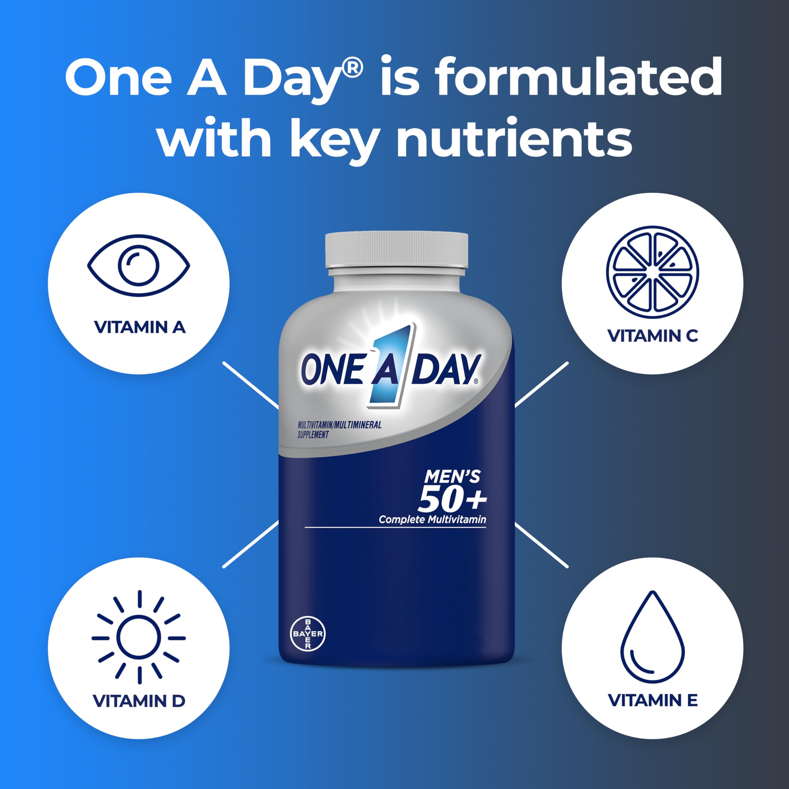 One A Day Men’s 50+ Healthy Advantage Multivitamin, Multivitamin for Men with Vitamins A, C, E, B6, B12, Calcium and Vitamin D, Tablet, 200 Count (Pack of 1)