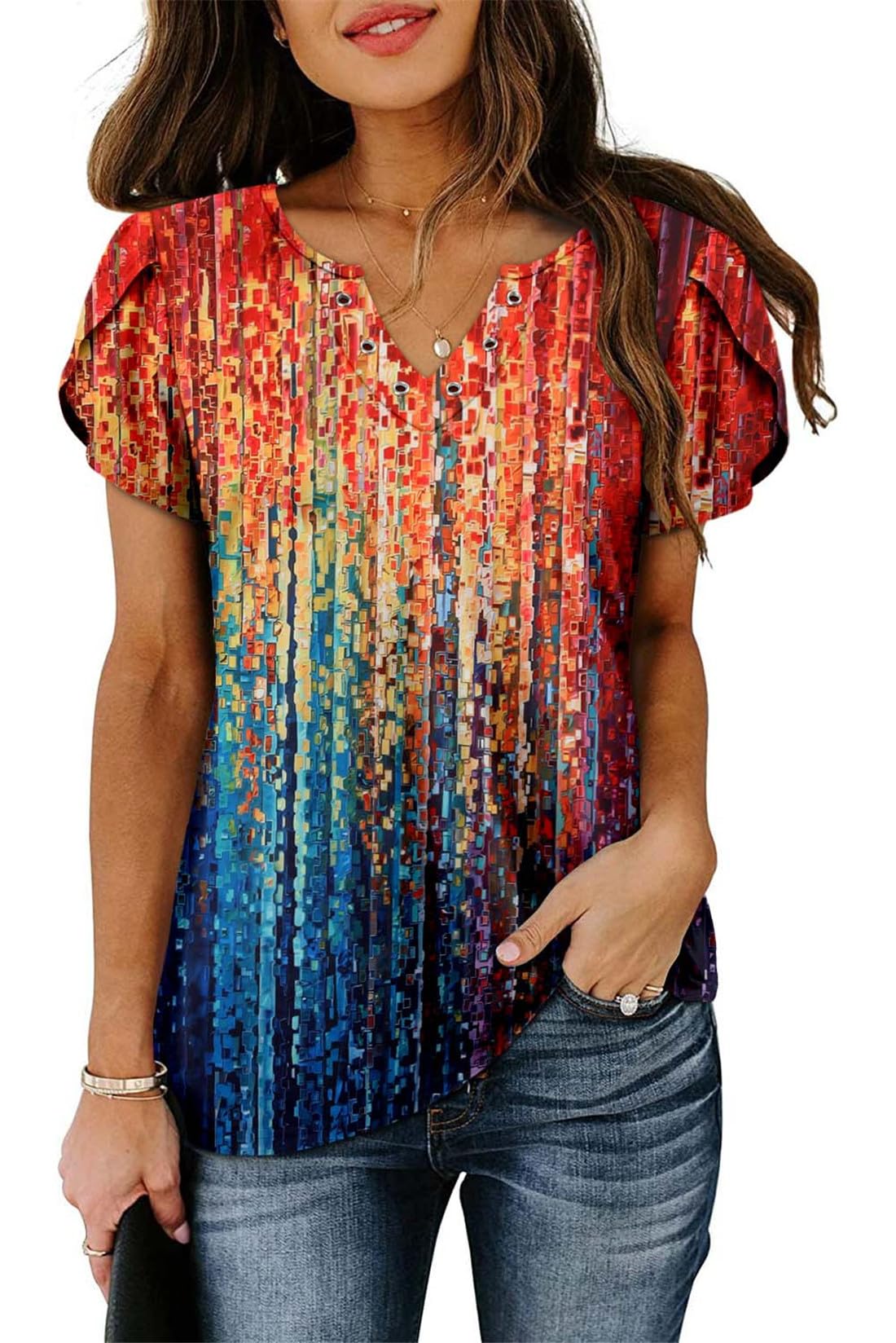 onlypuff Summer Tops for Women 2024 V Neck Short Sleeve Shirts Flattering Boho Tops Flowy Babydoll Tunic Top Blouse Rainbow XXL