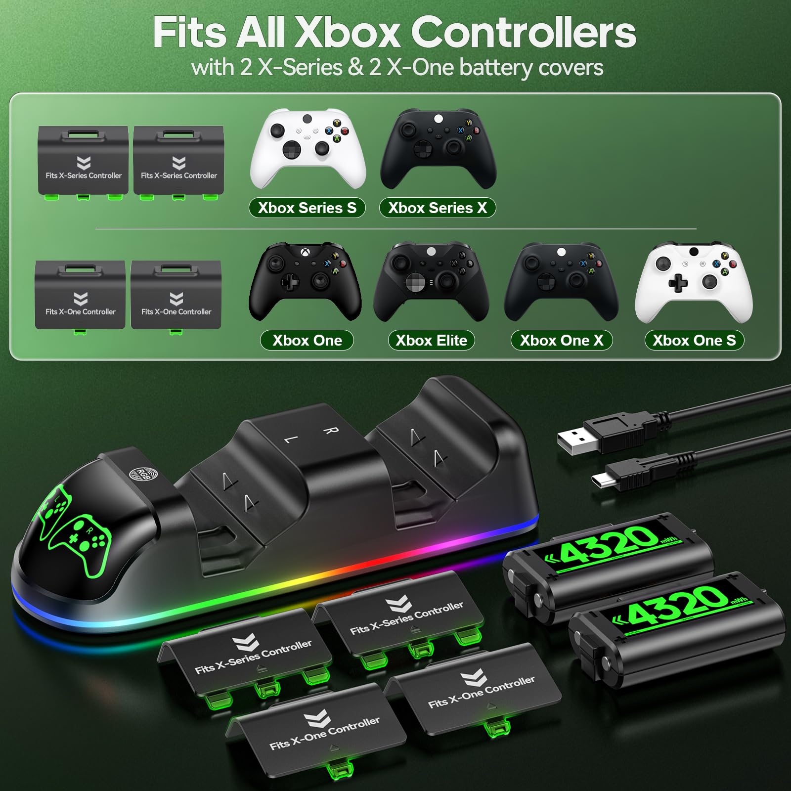 OIVO XSX Controller Charger Station with 2 Packs 4320mWh Rechargeable Battery for Xbox Series X/S/One/Elite/Core Controller, Charging Dock with 4 Packs Covers (1800mAh)
