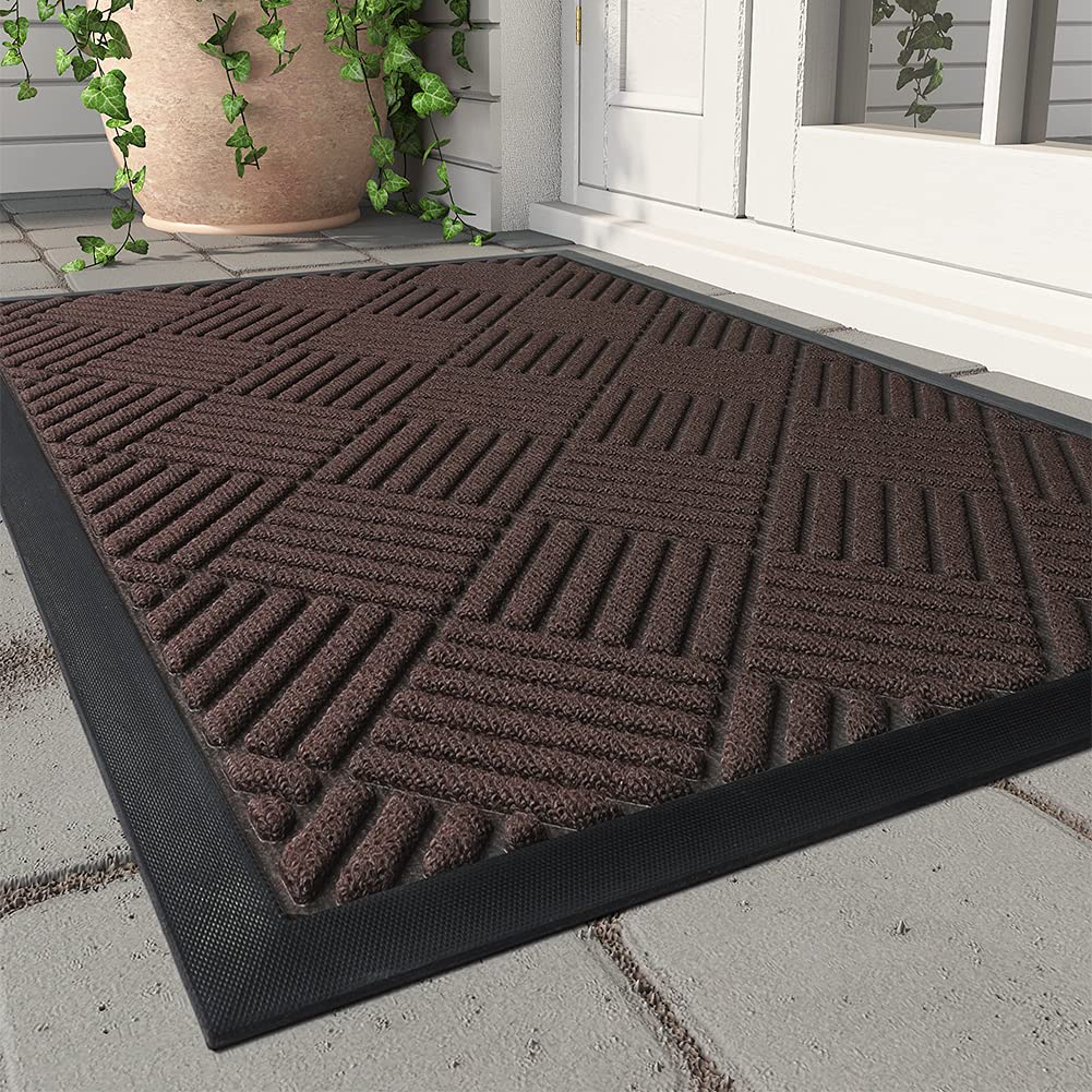 MontVoo-Front Door Mat Outdoor Indoor Entrance Doormat-Welcome Mat Outside Door Mats for Home Entrance Durable Absorbent Non Slip Dirt Trapper Heavy Duty-Brown 17"x30"