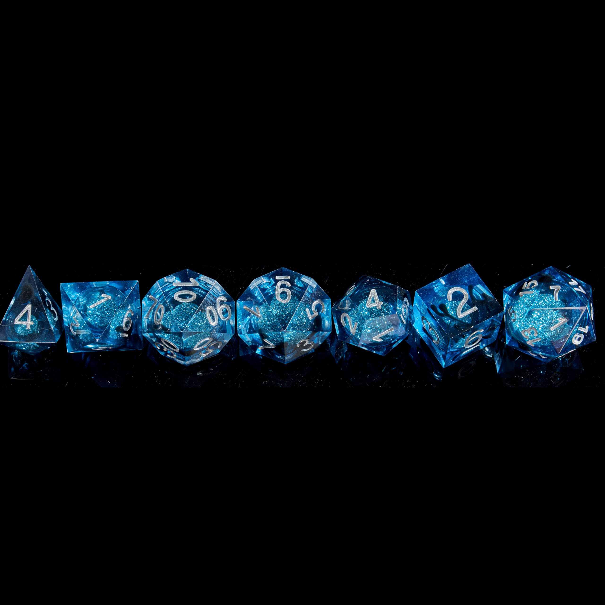 Fugacity DND Dice Set, Liquid Core Handmade Sharp Edge 7 Piece Resin Dice-Dungeons and Dragons Polyhedral Dice Set, D&D Dice Set with Gift Dice Case for RPG MTG Table Games(Blue Sand & Silver)