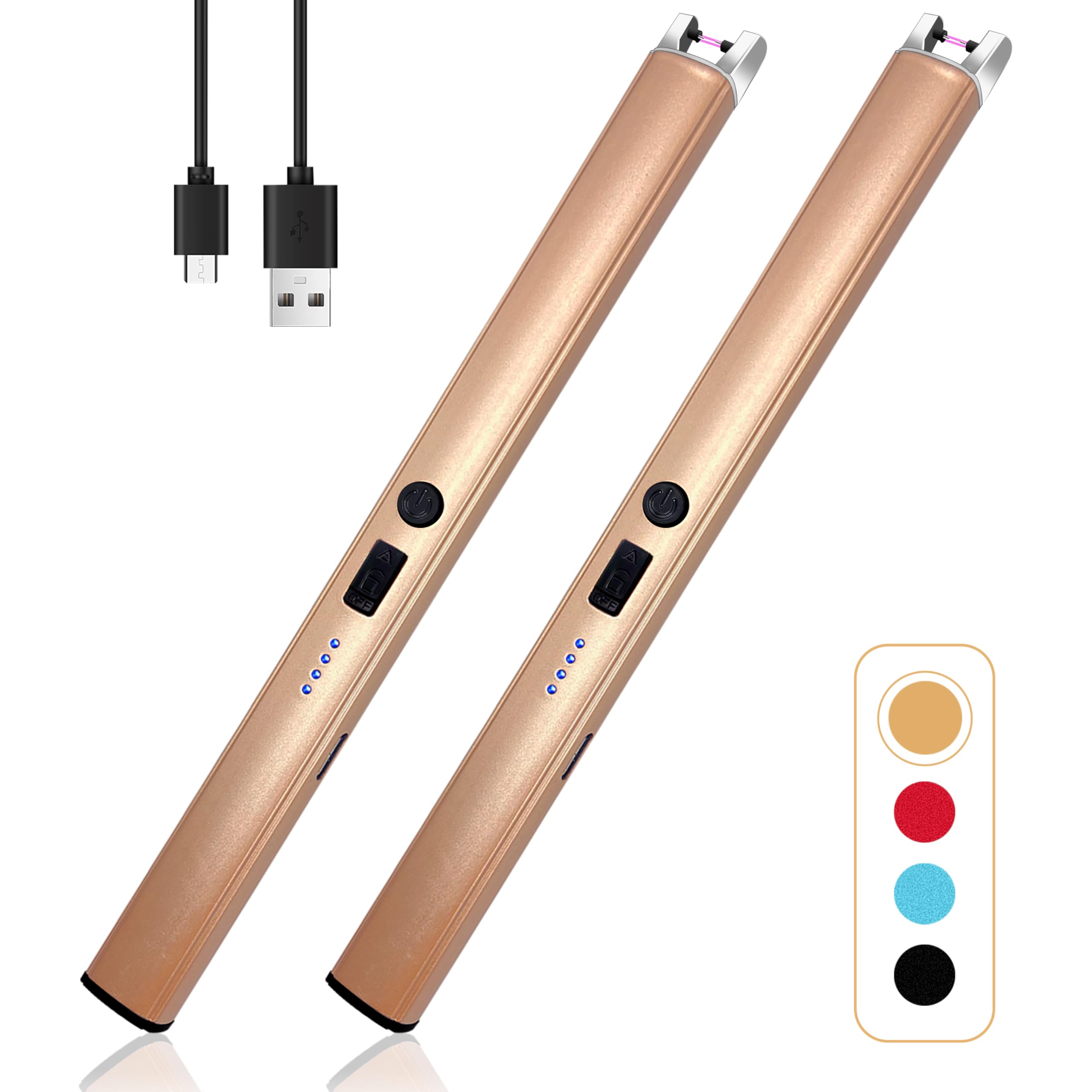 2 PCS Candle Lighter,Windproof Flameless Electric Lighter with LED Power Display & Safety Switch, Upgraded Plasma USB Rechargeable Lighters for Birthday Camping BBQ (Champagne Gold)
