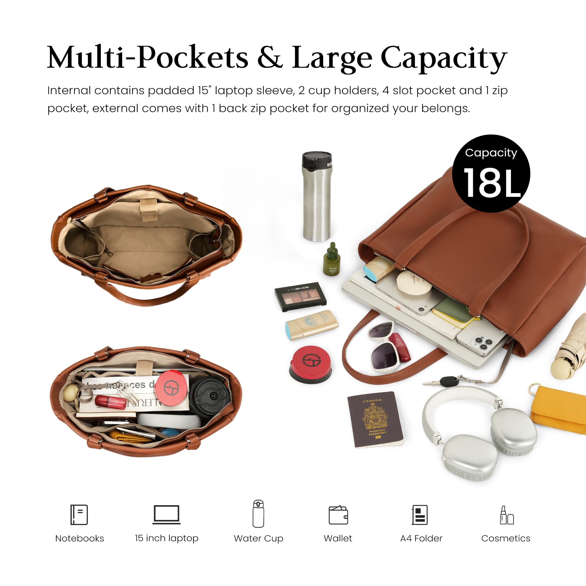 befen Real Leather Work Tote Bag for Women Ladies Totes Shoulder Purse Satchel Handbags with 15" Compartment & Water Cup Holder Cognac Brown