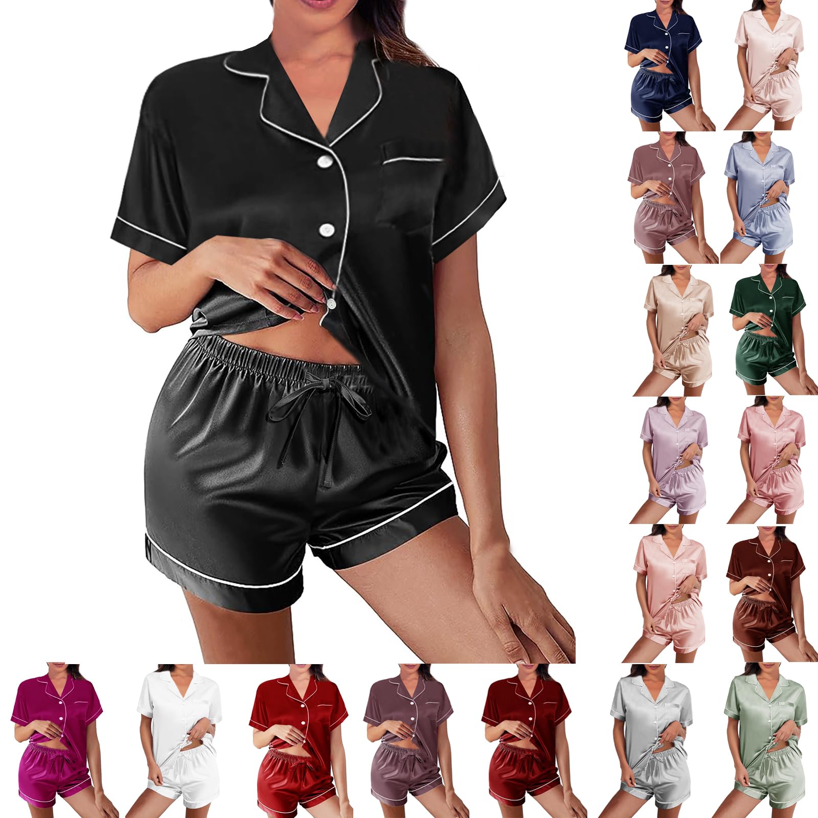 WJing Yi Jia Womens Silk Satin Pajamas Loungewear Two-Piece Sleepwear Button-Down Floral Pj Set -Size: L
