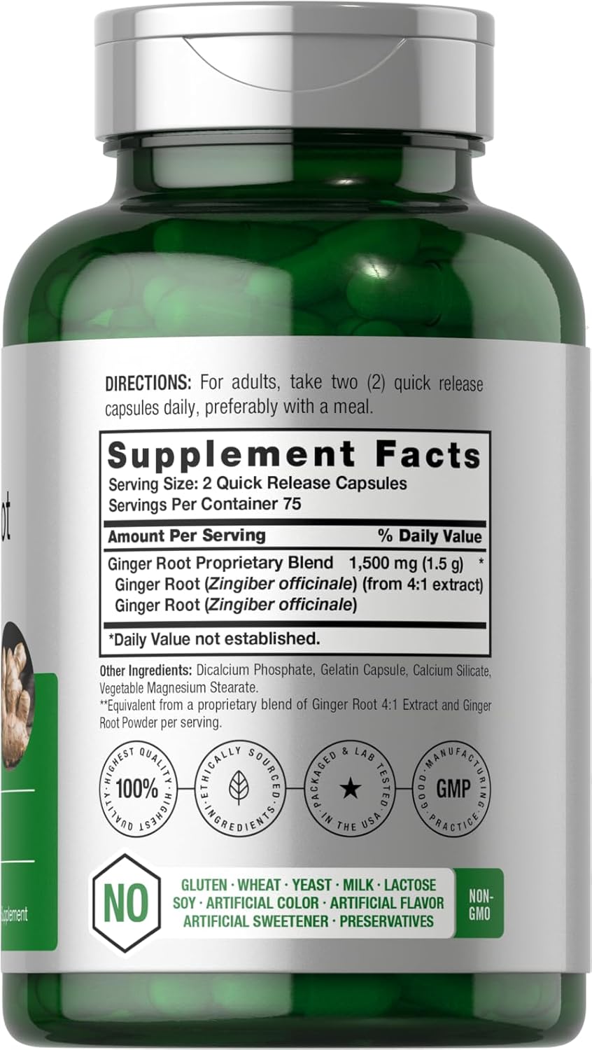Ginger Root Capsules 1500 mg | 150 Pills | DNA Tested, Non-GMO, Gluten Free | Ginger Root Extract | by Horbaach