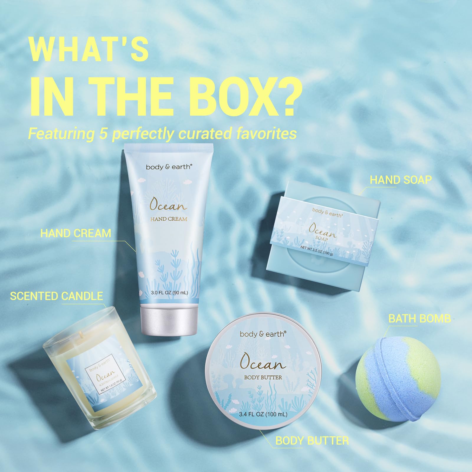 Gifts for Women, Bath and Body Gift Sets for Women with 5 Pcs Ocean Scented Spa Gifts for Women, Bath Gifts for Women with Scented Candle Body Butter Hand Cream Bath Bomb Womens Gifts for Christmas
