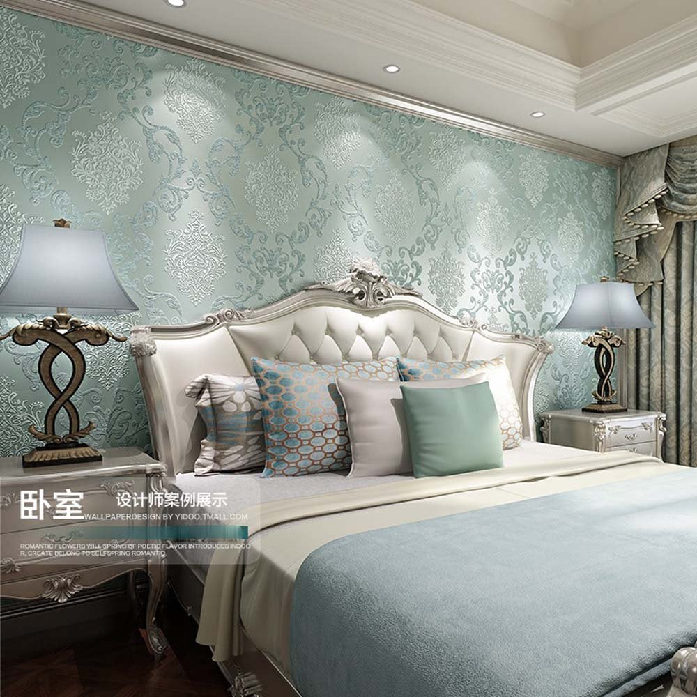 Q QIHANG DAWEI 3D Luxury Damask Pearl Powder Non-Woven Wallpaper Roll for Living Room Light Blue Color 1.73'W x 35.8'L