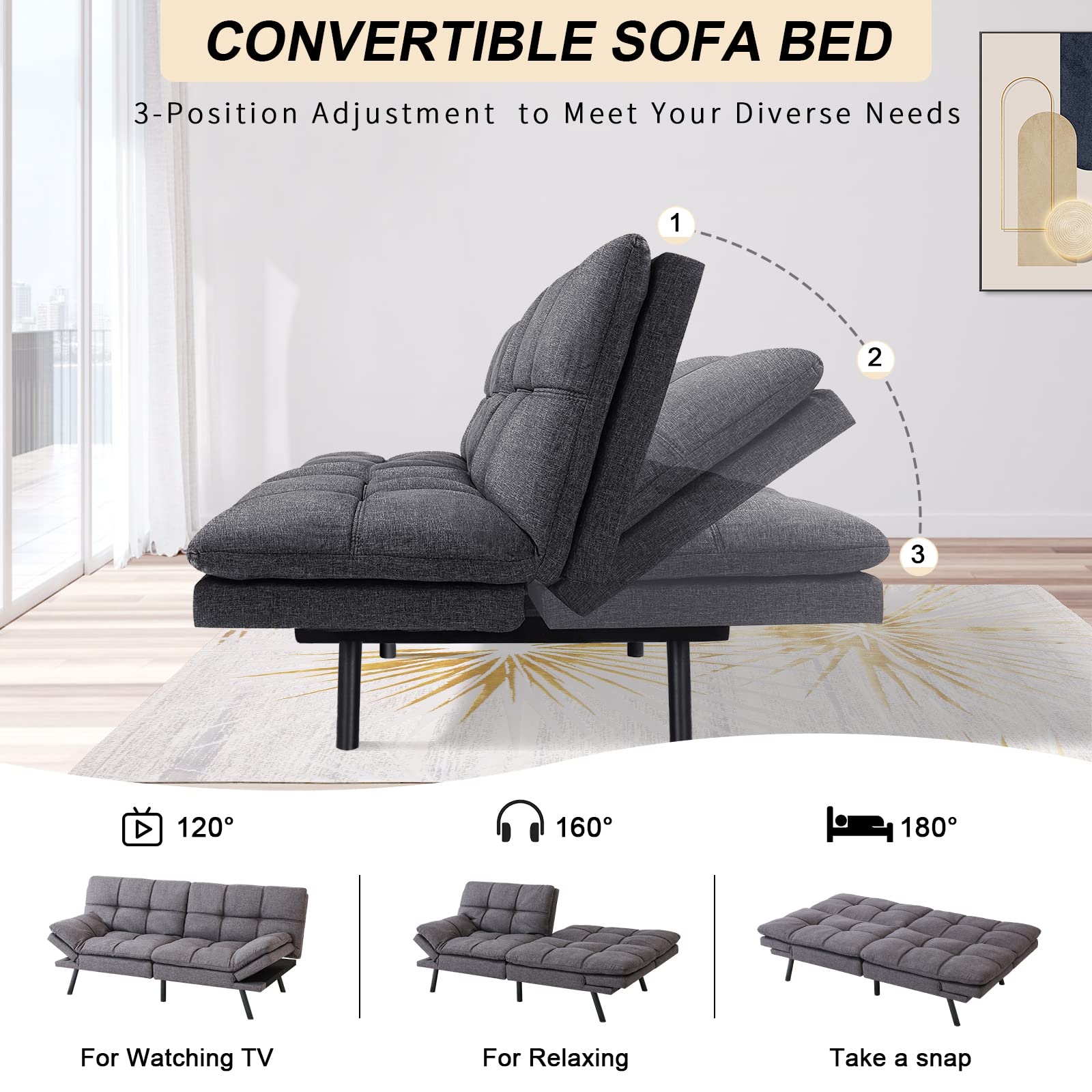 Opoiar Futon Sofa Bed Memory Foam Couch Bed Loveseats Convertible Modern Futon Couch Small Sleeper Sofa with Arm Rest, Metal Legs, Grey Futons for Small Space